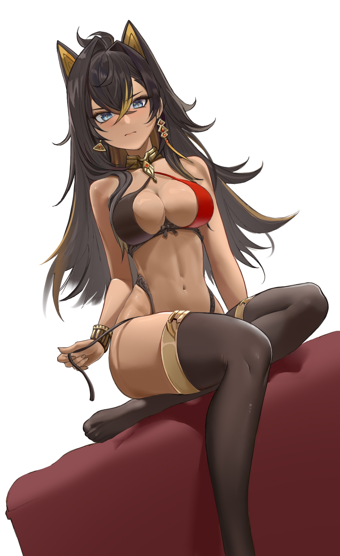 bikini, black hair, blue eyes, breasts, cat ears, curvy, dark skin, dehya (genshin impact), earrings, female, genshin impact, jewelry, large breasts, looking at viewer, thighhighs, untied, untied bikini