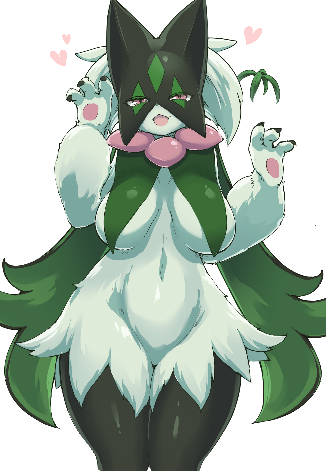 anthro, breasts, cat paws, cute, cute face, demekyon, female, female only, furry, furry female, green fur, heart, highres, large breasts, mask, meowscarada, no humans, pokémon (species), pokemon, pokemon (species), pokemon sv, purple eyes, solo female, thick thighs, thighs, white background, wide hips