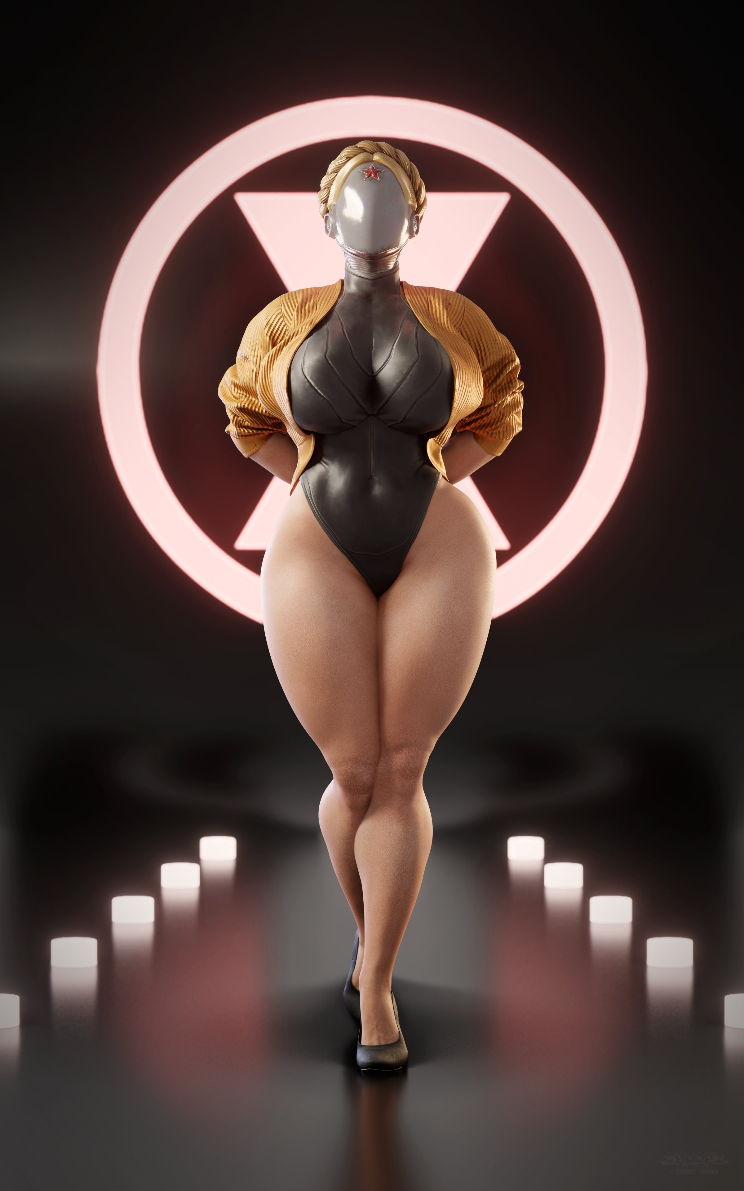 1girls, 3d, atomic heart, bare legs, big breasts, bolero, breasts, busty, curvaceous, curvy, curvy body, curvy female, curvy figure, female, female focus, female only, full body, high heels, hourglass figure, left (atomic heart), leotard, light skin, light-skinned female, pinup, pinup pose, robot, sleeves rolled up, snoopz, solo, solo female, tagme, the twins (atomic heart), thick thighs, thong leotard, voluptuous, voluptuous female, wide hips