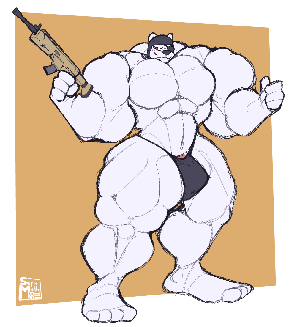 anthro assault_rifle barely_visible_genitalia barely_visible_penis bear big_muscles bulge clothing epic_games fortnite genitals gesture gun huge_muscles hyper hyper_muscles male male_focus male_only mammal muscular penis penis_base polar_bear polar_patroller ranged_weapon rifle solo speedo supermattym8 swimwear thumbs_up ursine weapon