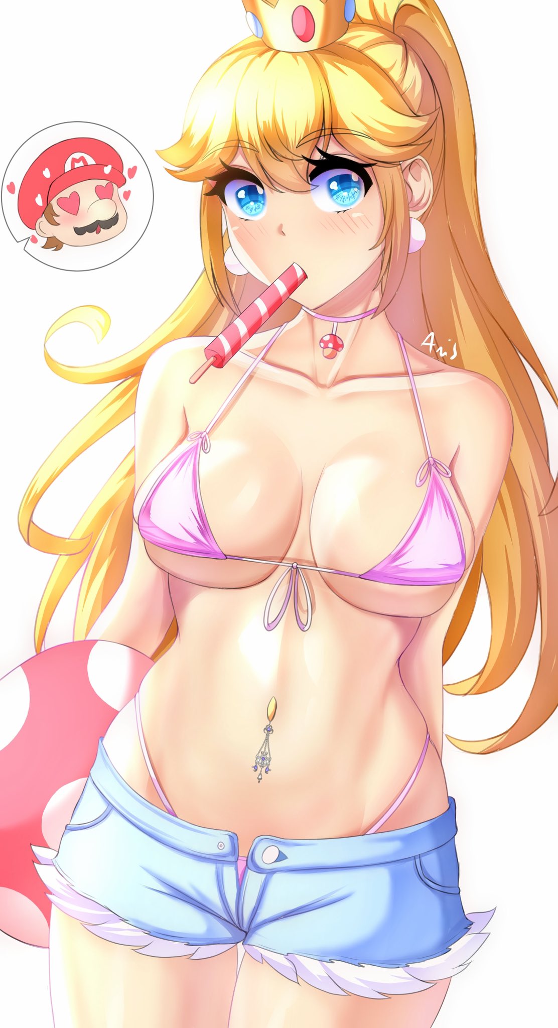1boy, 1girls, alternate costume, anisdrawn, big breasts, bikini, blonde hair, blue eyes, blush, breasts, busty, cleavage, denim, denim shorts, female, food, heart, heart-shaped pupils, highres, large breasts, legs, looking at viewer, male, mario, mario (series), navel piercing, nintendo, piercing, ponytail, popsicle, princess, princess peach, shorts, swimsuit, symbol-shaped pupils, thighs, thong bikini, voluptuous