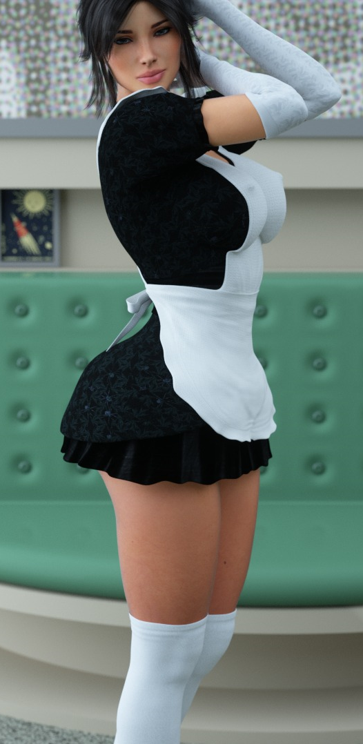 1girls 3d 3d_model big_breasts black_hair caroline_(milfy_city) female female_only huge_breasts icstor maid milf milfy_city ponytail solo