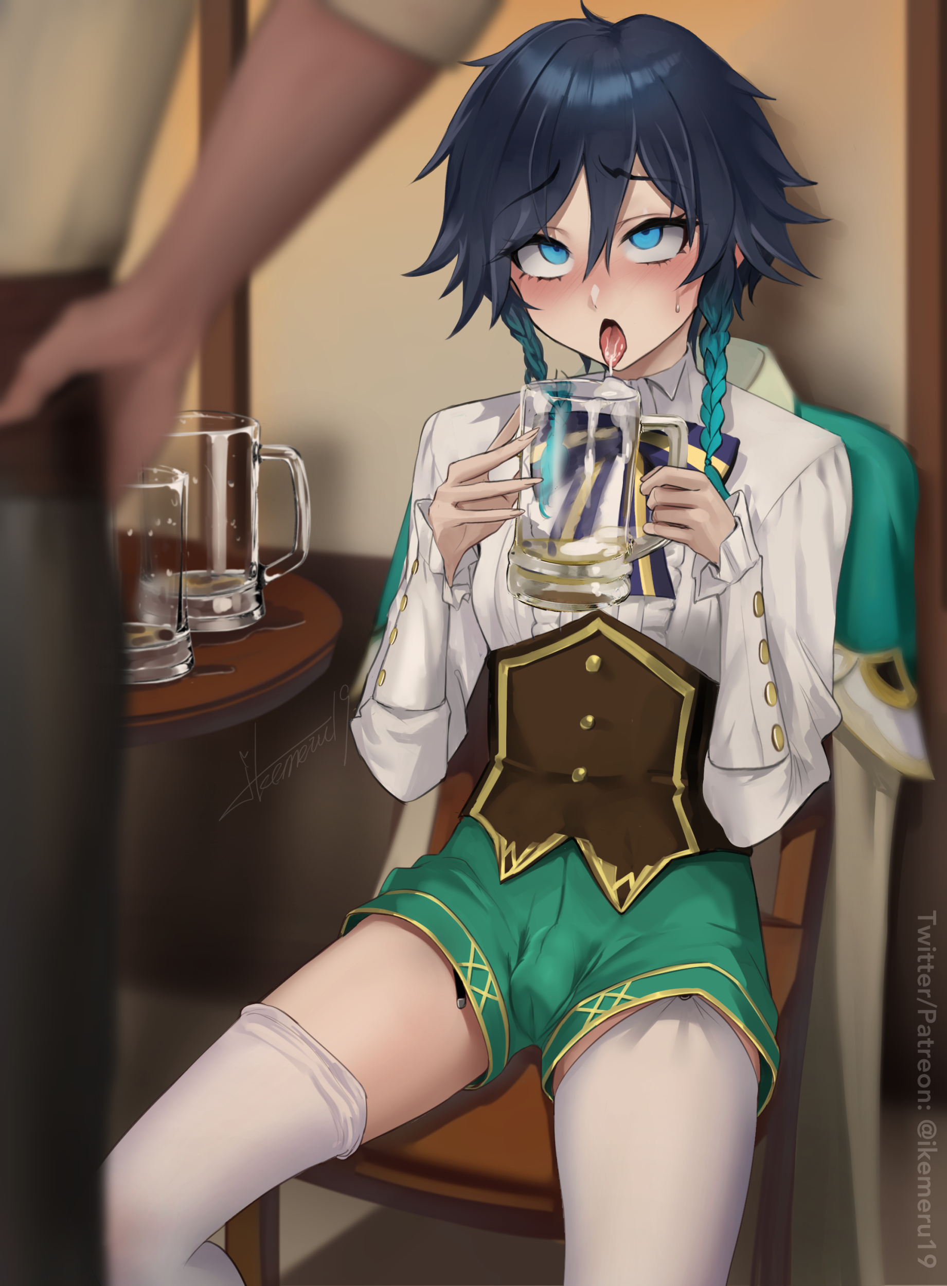 2boys, alcohol, beer, blush, brothel, cum, cum drinking, cum in container, cum on tongue, drinking cum, femboy, genshin impact, gokkun, ikemeru19, male, penis, penis bulge, pleasure face, steam, stockings, tongue, tongue out, venti (genshin impact)