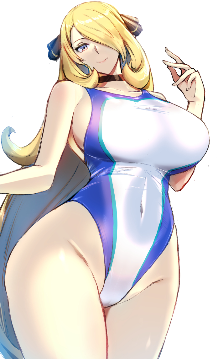 big breasts, blonde hair, breasts, cynthia (pokemon), female, game freak, kumakichi (cost-lost), long hair, nintendo, one eye covered, one-piece swimsuit, pokemon, pokemon dppt, swimsuit, voluptuous, wide hips