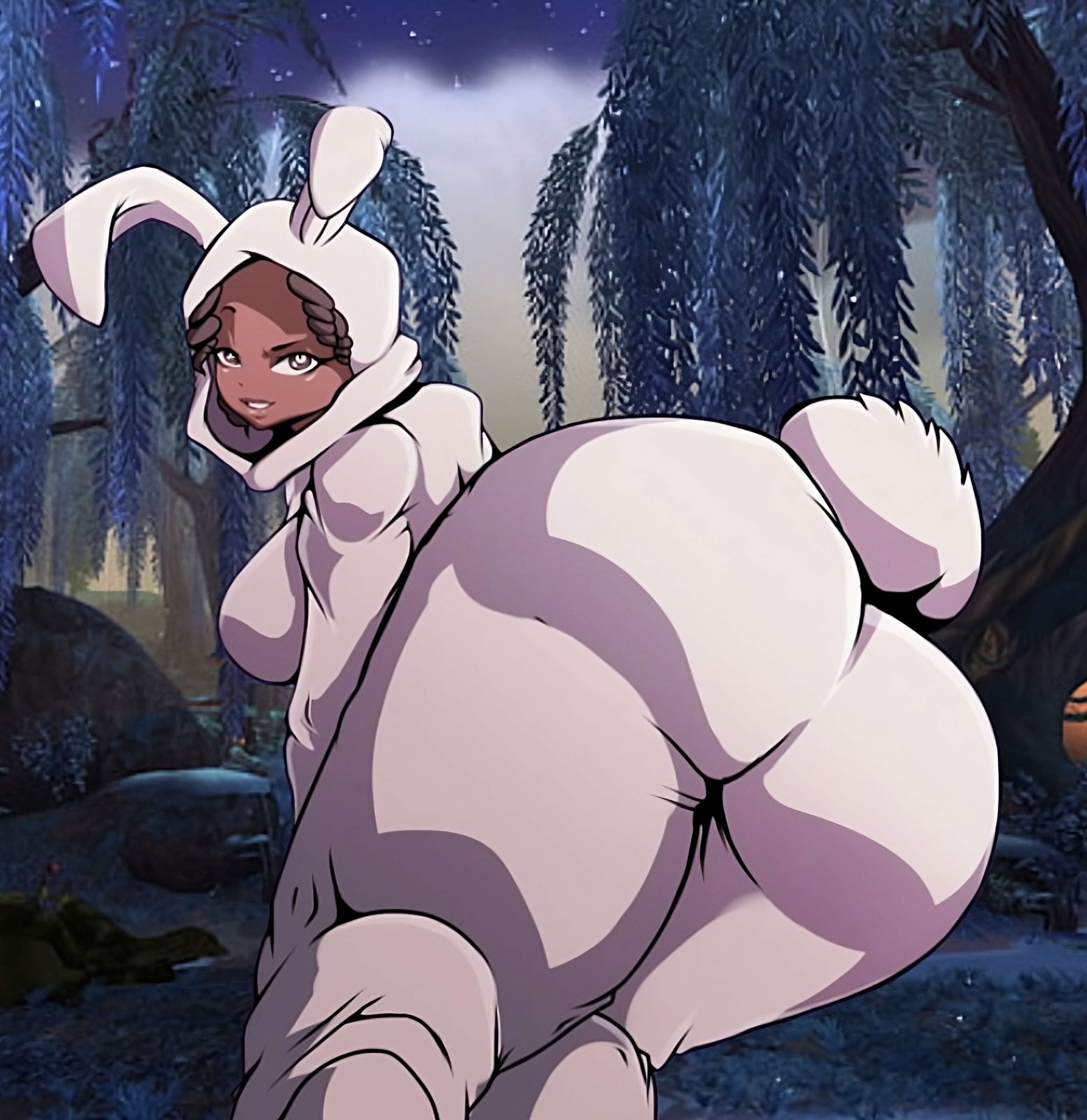 1girls, ass, big ass, big butt, bunny brawler, bunny costume, bunny ear, bunny tail, bunnysuit, epic games, female, female only, forest, fortnite, fortnite: battle royale, looking at viewer, teasing, teasing viewer, thick thighs
