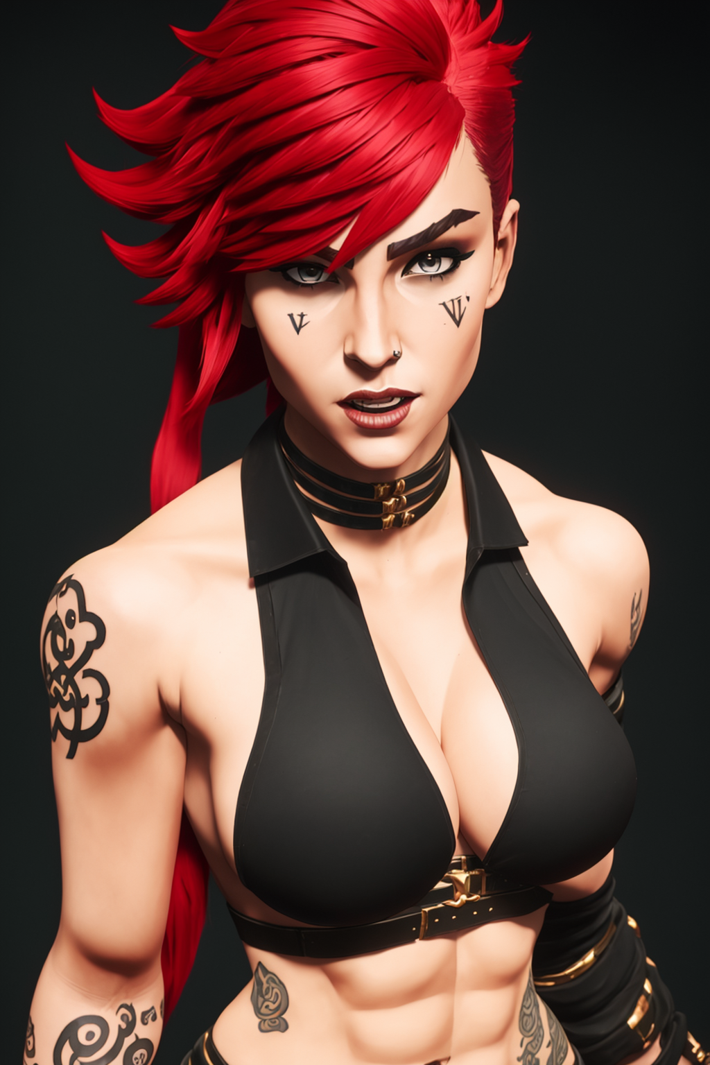 1girls abs absurd_res ai_generated belts black_bra black_top blue_eyes choker female female_focus female_only league_of_legends looking_at_viewer piercings red_eyes red_hair riot_games solo solo_female solo_focus tagme tattooed_abs tattooed_arm tattooed_cheeks tattooed_shoulder tattoos vi