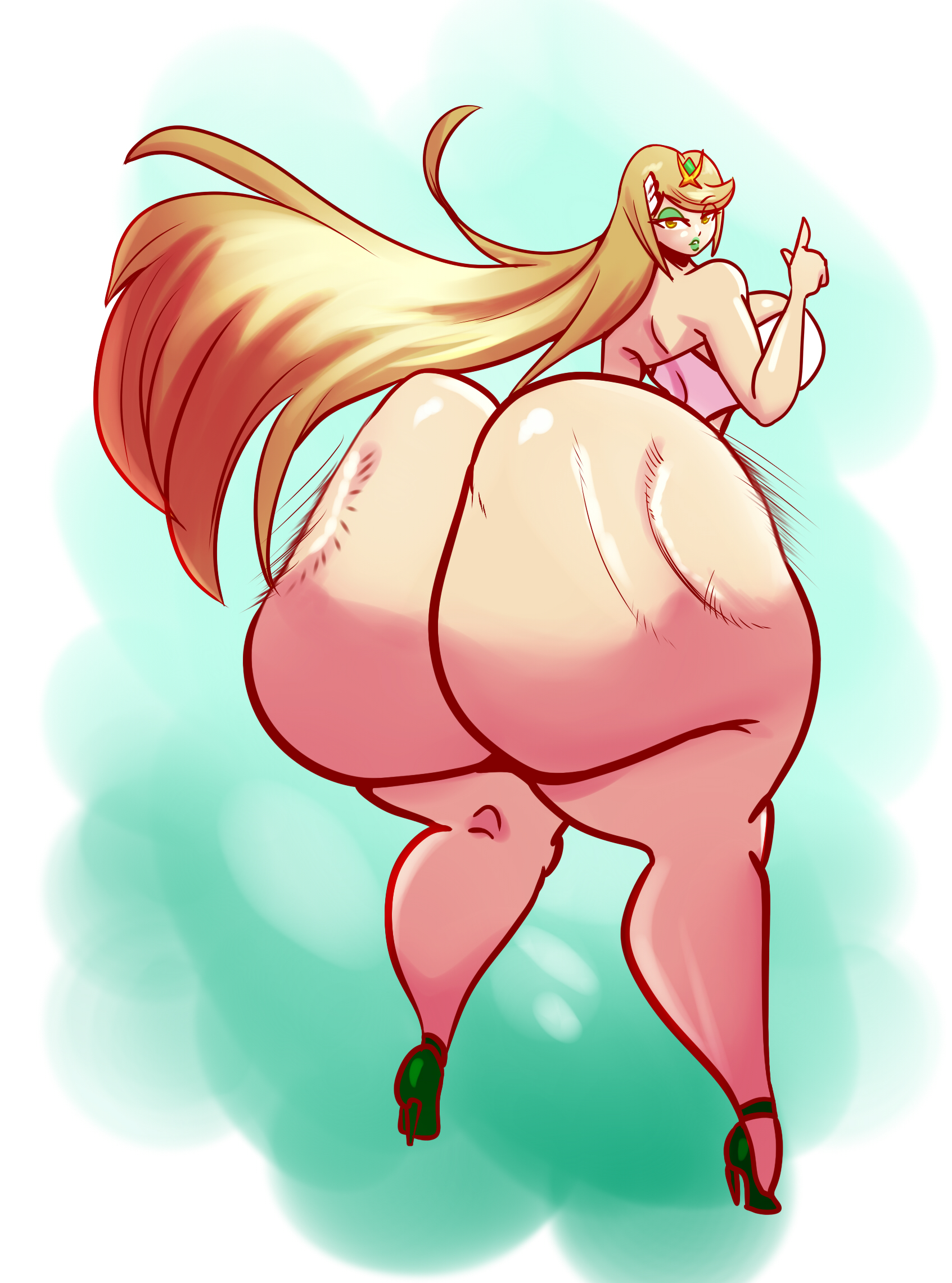 1girls, ass, ass bigger than head, ass bigger than torso, ass slap, bbw, big ass, big breasts, breasts, breasts bigger than head, enormous ass, female, huge ass, huge breasts, hyper, hyper ass, lipstick, long hair, looking at viewer, mythra, schnauzercito, tagme, thick thighs, twerking, xenoblade (series)
