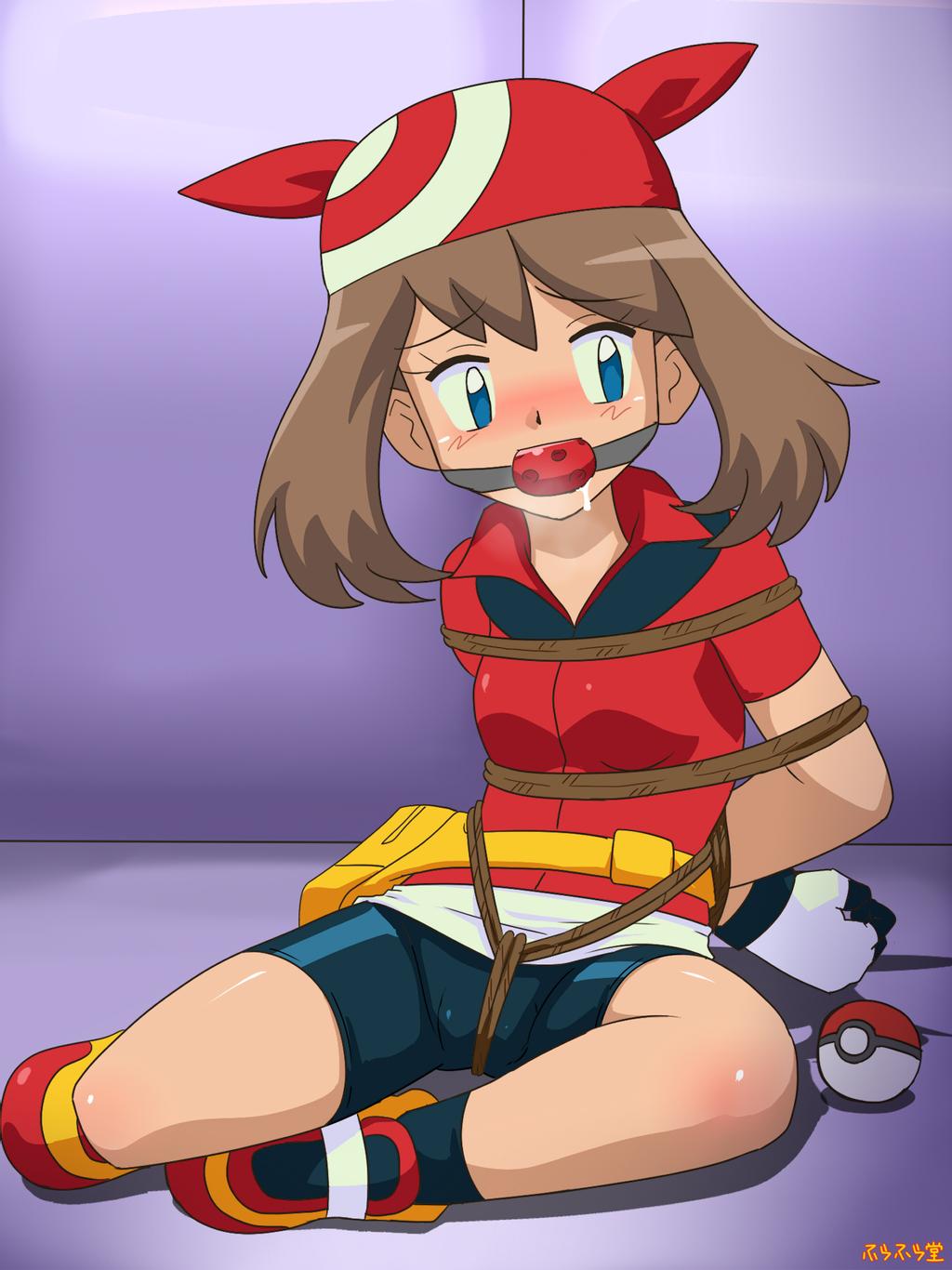 1girls ankle_socks anklehighs arms_tied_behind_back ball_gag bandana bike_shorts black_socks blue_eyes bondage breasts brown_hair crotch_rope fanny_pack gag gagged gloves may_(pokemon) nintendo pokeball pokemon pokemon_rse red_shirt rope rope_bondage running_shoes shibari_over_clothes shirt short_hair shorts small_breasts socks wanderer_(furafuradou)