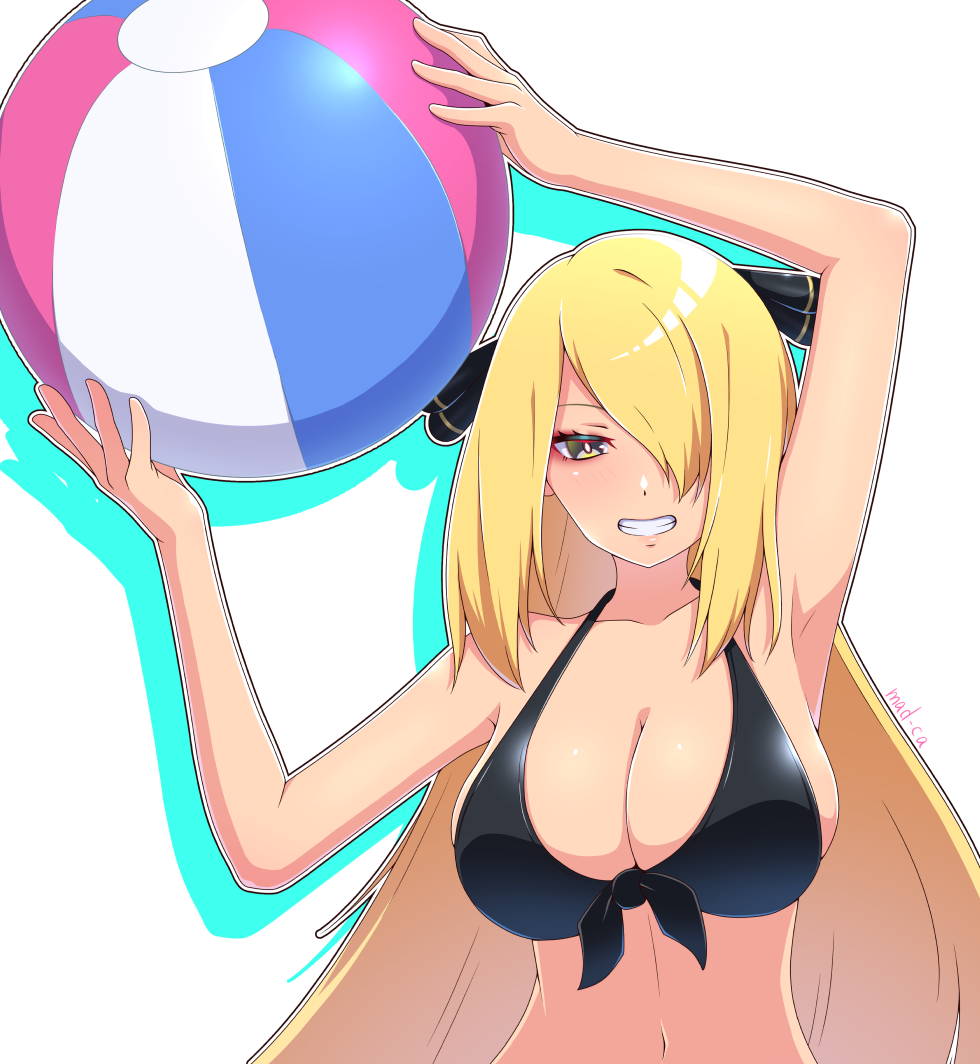 1girls beach_ball bikini black_bikini black_swimsuit blonde_hair breasts cynthia_(pokemon) hair_ornament hair_over_one_eye holding_beachball large_breasts long_hair looking_at_viewer madoka_(user_zrnk8278) midriff navel nintendo pokemon pokemon_dppt smiling smiling_at_viewer swimsuit yellow_eyes