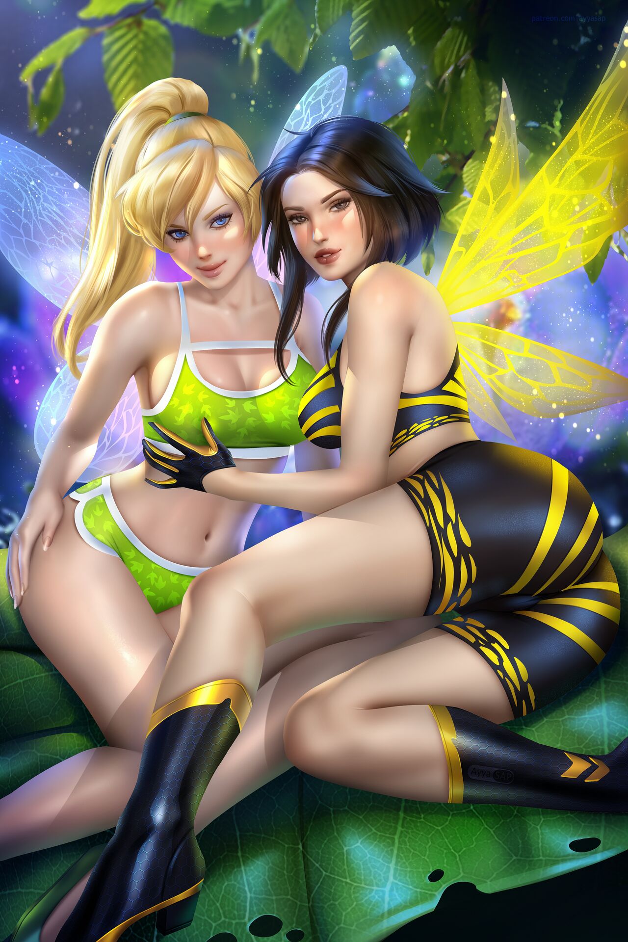 2girls ant-man_(series) ass ayyasap black_hair blonde_hair blue_eyes boots bra bubble_butt crossover disney disney_fairies fairy fairy_wings female female_only fit fit_female gloves green_eyes hope_van_dyne jpeg large_breasts leaf legs looking_at_viewer marvel marvel_cinematic_universe marvel_comics medium_hair peter_pan_(disney) shorts tinker_bell voluptuous wasp_(marvel) wings