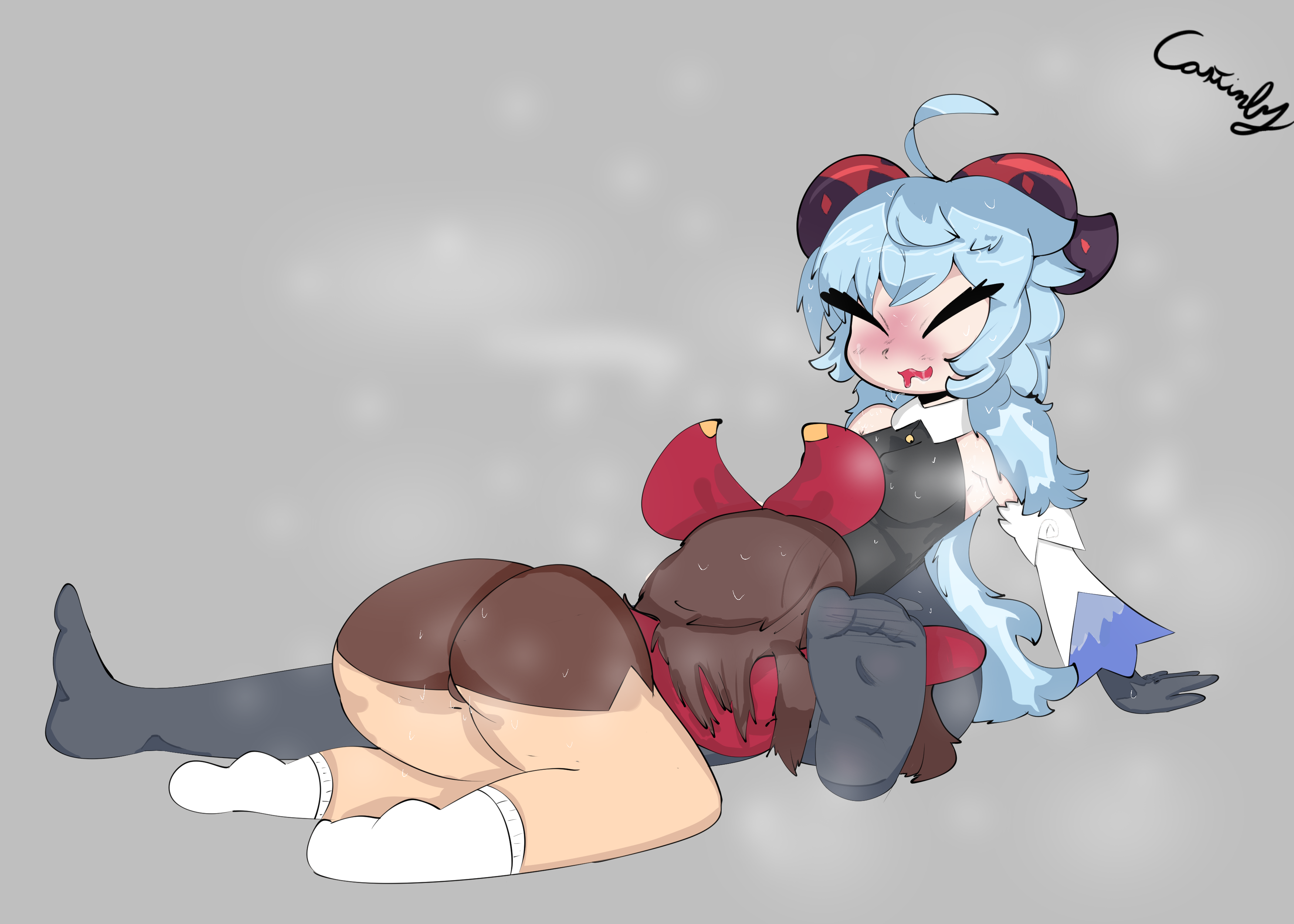 2girls, amber (genshin impact), ass, big ass, big butt, blue hair, blush, breasts, castinly, feet, female, female only, ganyu (genshin impact), genshin impact, horns, implied oral, long hair, multiple females, multiple girls, nipple bulge, oral, saliva, shorts, small breasts, socks, steam, sweat, sweating, thick thighs, tight clothing, yuri