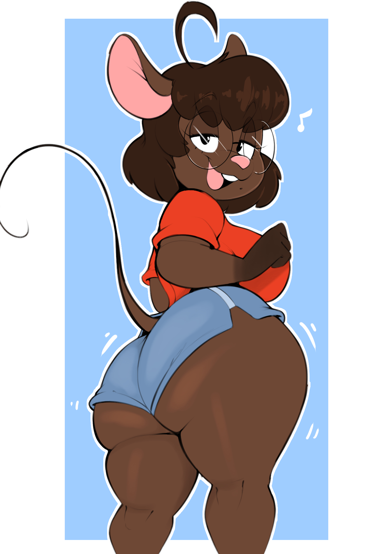 1girls, 2023, 2023s, absurd res, absurdres, anthro, ass, big ass, big breasts, big butt, blue background, breasts, brown body, brown hair, clothed, clothing, digital media (artwork), eyewear, female, female focus, female only, fur, furry, furry female, glasses, gwen martin, hair, hi res, huge ass, huge butt, joaoppereiraus, looking at viewer, looking back, looking back at viewer, mammal, mouse, murid, murine, open mouth, open smile, rodent, simple background, smile, smiling at viewer, solo, solo female, solo focus, tail, thick thighs, thighs, usnarbit