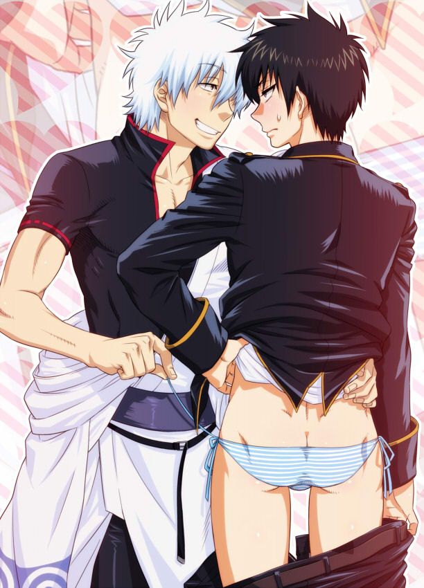 2boys black_hair embarrassed eye_contact gintama gintoki_sakata grin hadanugi_dousa hijikata_toshiro inukkoro kimono looking_at_another lowres male male_only panties pants_down police_officer police_uniform shinsengumi_(gintama) shirt_lift side-tie_panties smile striped_panties sweatdrop uniform white_hair yaoi