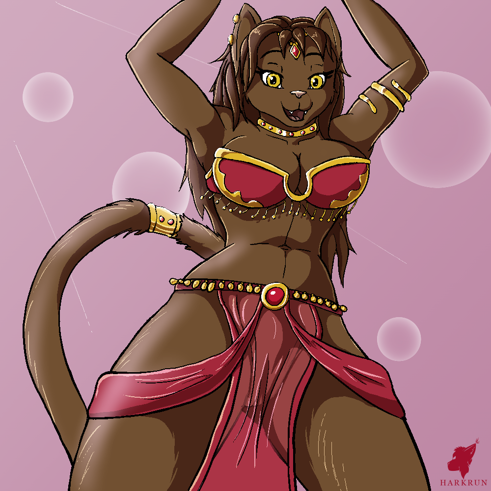 anthro big_breasts breasts cleavage clothed clothing dancing diantha_(rhazzazor) domestic_cat felid feline felis female harem_outfit harkrun jewelry looking_at_viewer mammal solo translucent translucent_clothing