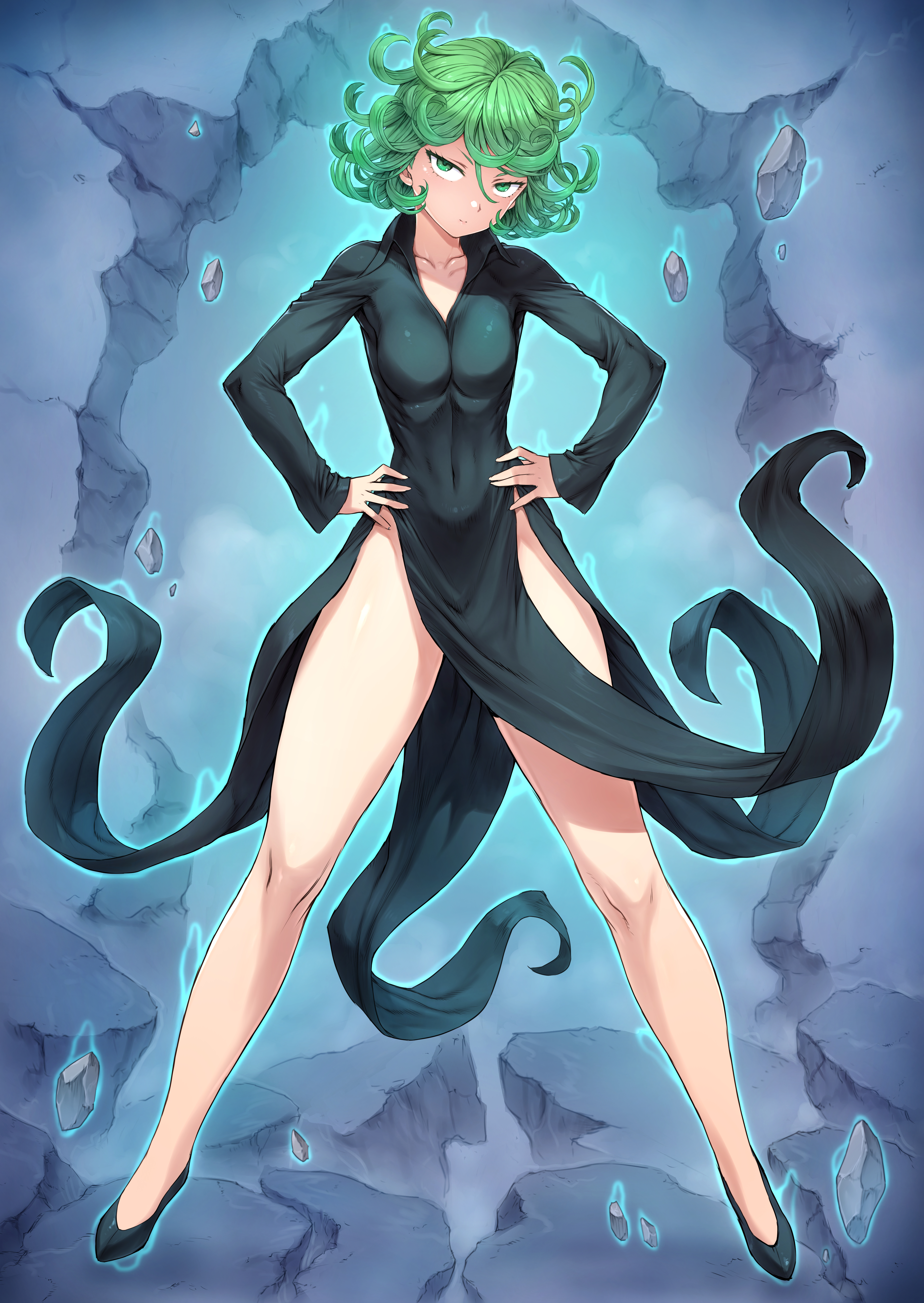 1girls, black dress, color, female, female only, green eyes, green hair, mogudan, one-punch man, solo, tatsumaki