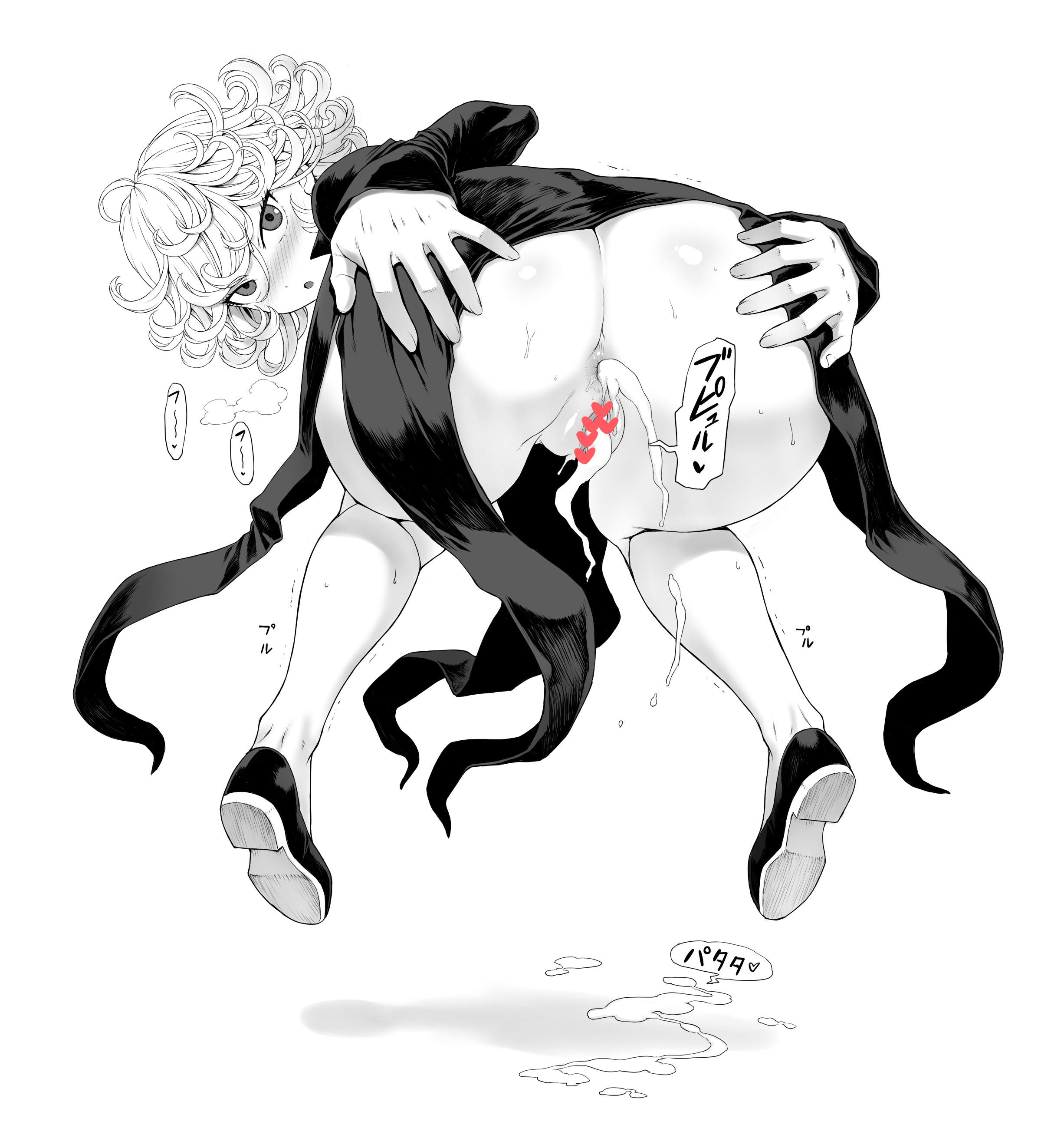 1girls, after sex, ass, censored, cum, cum in ass, cum in pussy, cum inside, female, heart censor, mogudan, monochrome, one-punch man, pussy, tatsumaki