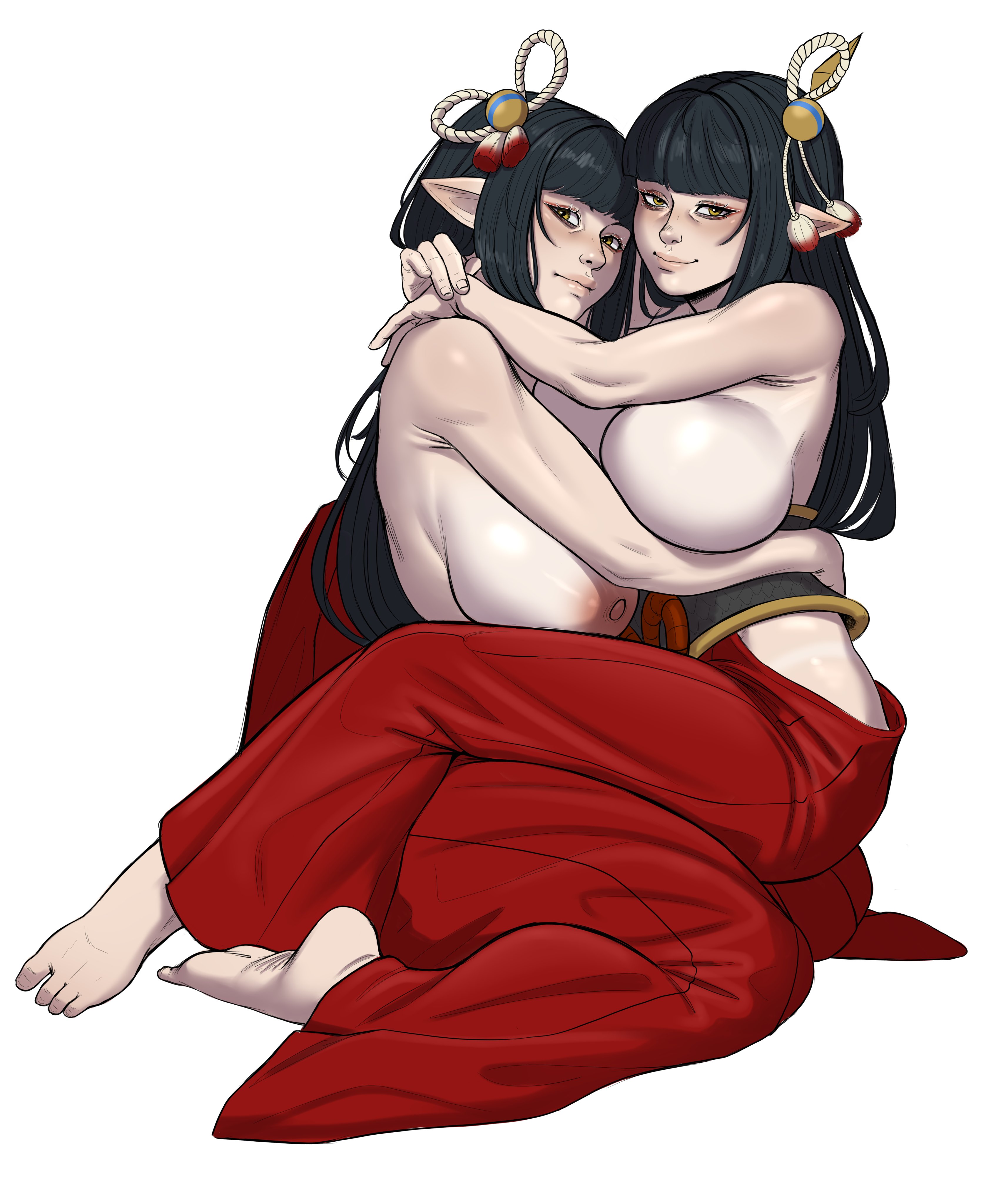 2girls, big breasts, breasts, capcom, female, female focus, female only, hinoa, huge breasts, hugging, light skin, light-skinned female, looking at viewer, luenartt, minoto, monster hunter, monster hunter rise, multiple females, multiple girls, no bra, pointy ears, siblings, sisters, twins, voluptuous, voluptuous female, wyverian