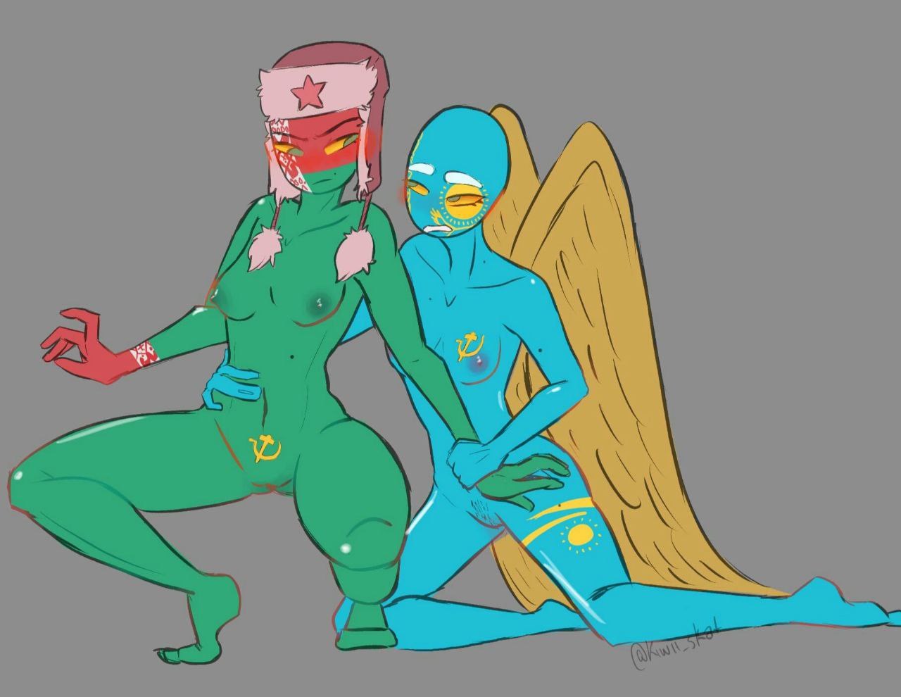 2girls belarus_(countryhumans) blush countryhumans countryhumans_girl female female_focus gray_background green_body green_eyes green_nipples green_skin hat kazakhstan_(countryhumans) light_blue_body light_blue_skin markings multiple_girls only_female purple_nipples simple_background small_breasts squatting tagme wings yellow_eyes