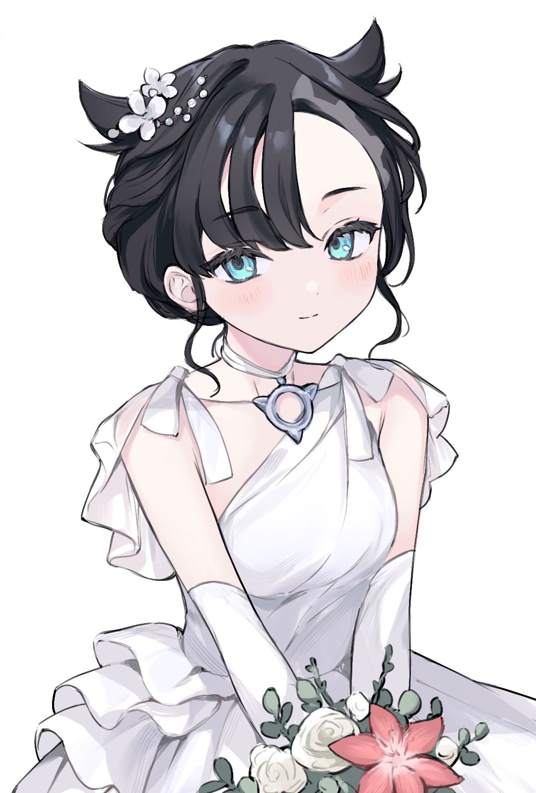 1girls black_hair blue_eyes bouquet breasts bride choker dress elbow_gloves gloves hair_bun hair_flower holding_bouquet looking_at_viewer marnie_(pokemon) nekoyashiki_pushio nintendo pokemon pokemon_ss sleeveless sleeveless_dress small_breasts wedding_dress white_dress