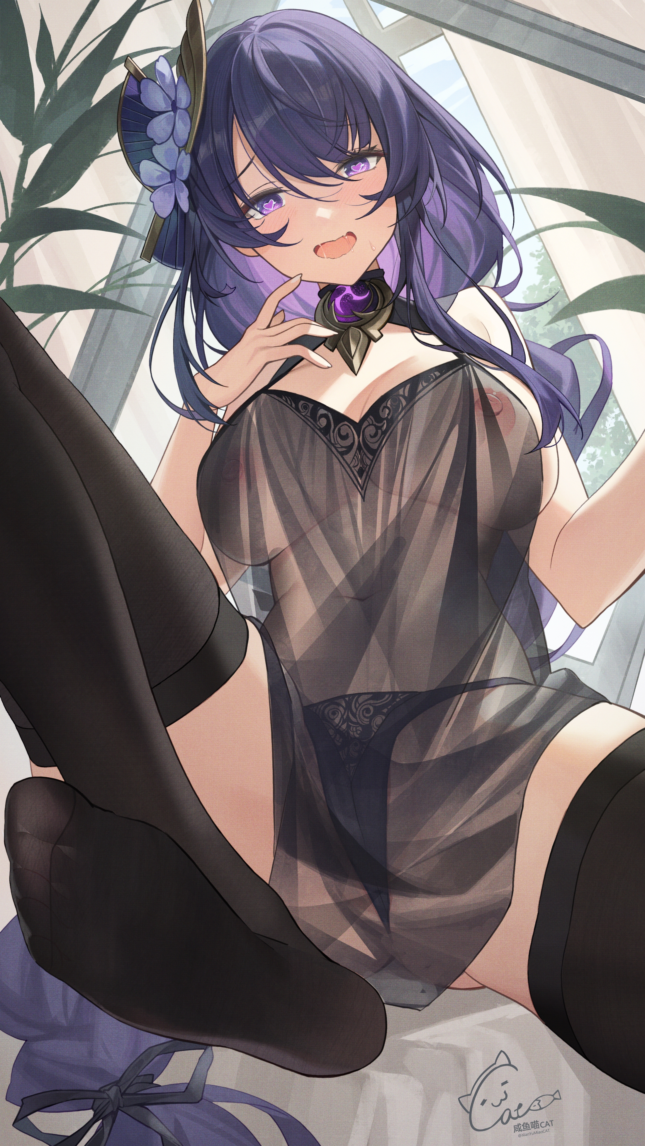 breasts, feet, feet up, female, femdom, genshin impact, horny, horny female, large breasts, lingerie, nipples, panties, raiden shogun, see-through, thick thighs, thong, touching face, youxuemingdie
