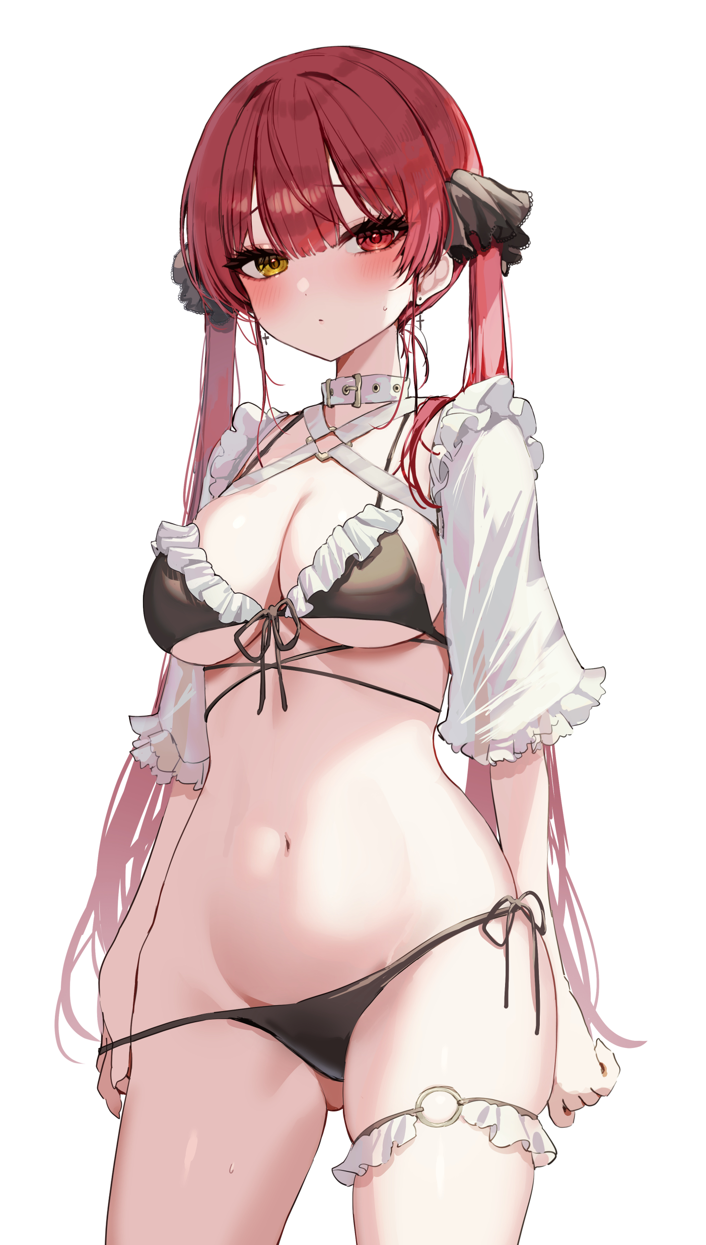 1girls, bikini, blush, female, female only, garter straps, heterochromia, hololive, hololive fantasy, hololive japan, houshou marine, kudou (sikisiki0000), light skin, light-skinned female, panty pull, red eye, red hair, solo, swimsuit, thong, tummy, virtual youtuber, yellow eye