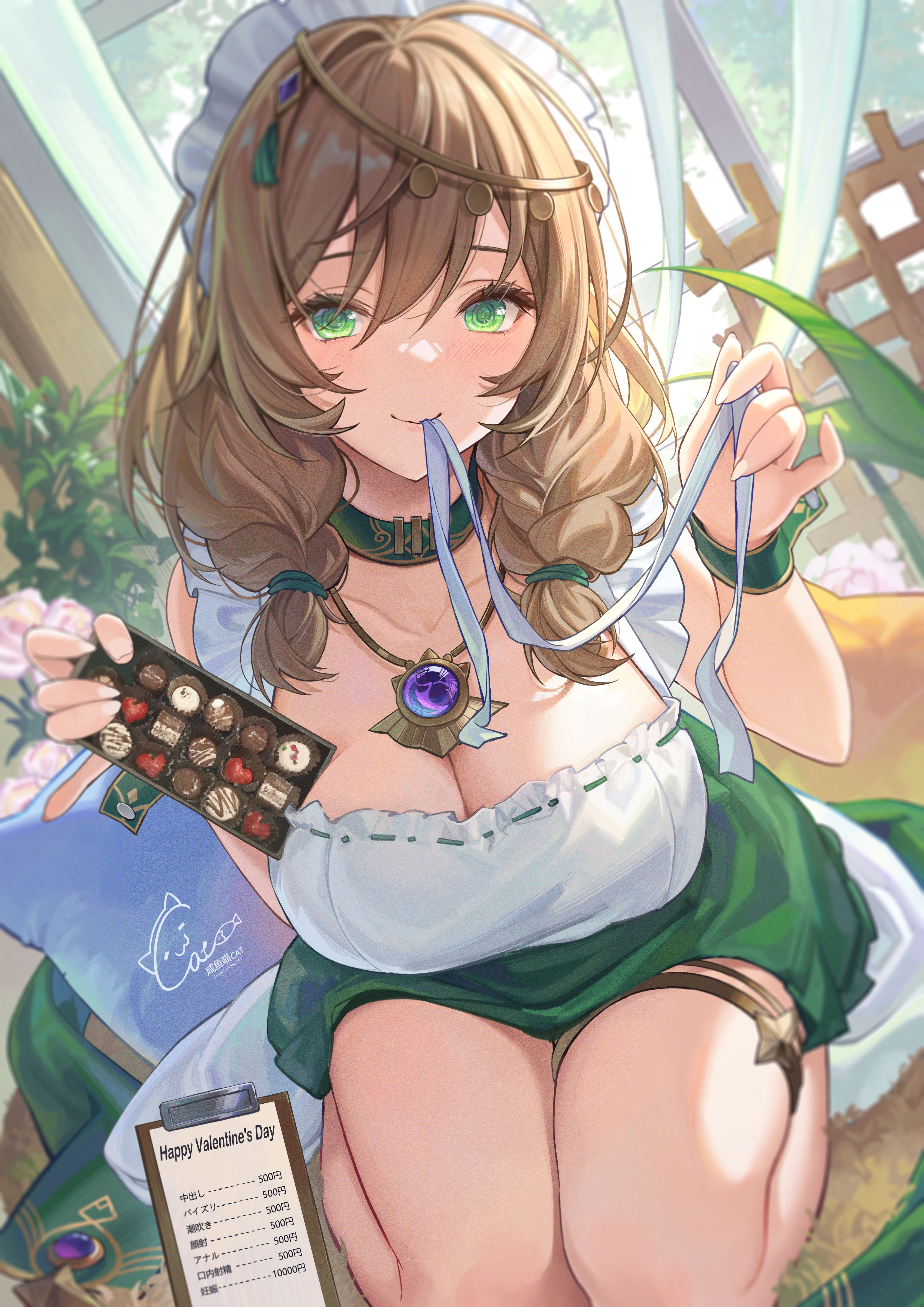 breasts, female, garter, genshin impact, green eyes, large breasts, lisa (a sobriquet under shade) (genshin impact), lisa (genshin impact), valentine's day, youxuemingdie
