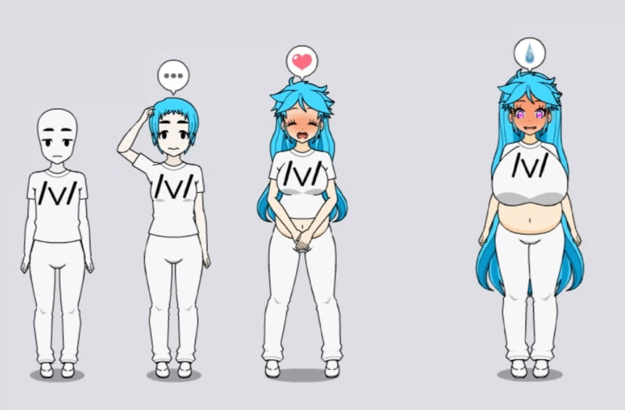 /v/-tan big_breasts female friday_night_funkin fully_clothed gender_transformation kisekae long_hair maeriewell mob_face mtf_transformation sfw sky_(friday_night_funkin) skyblue skyblue_hair weight_gain