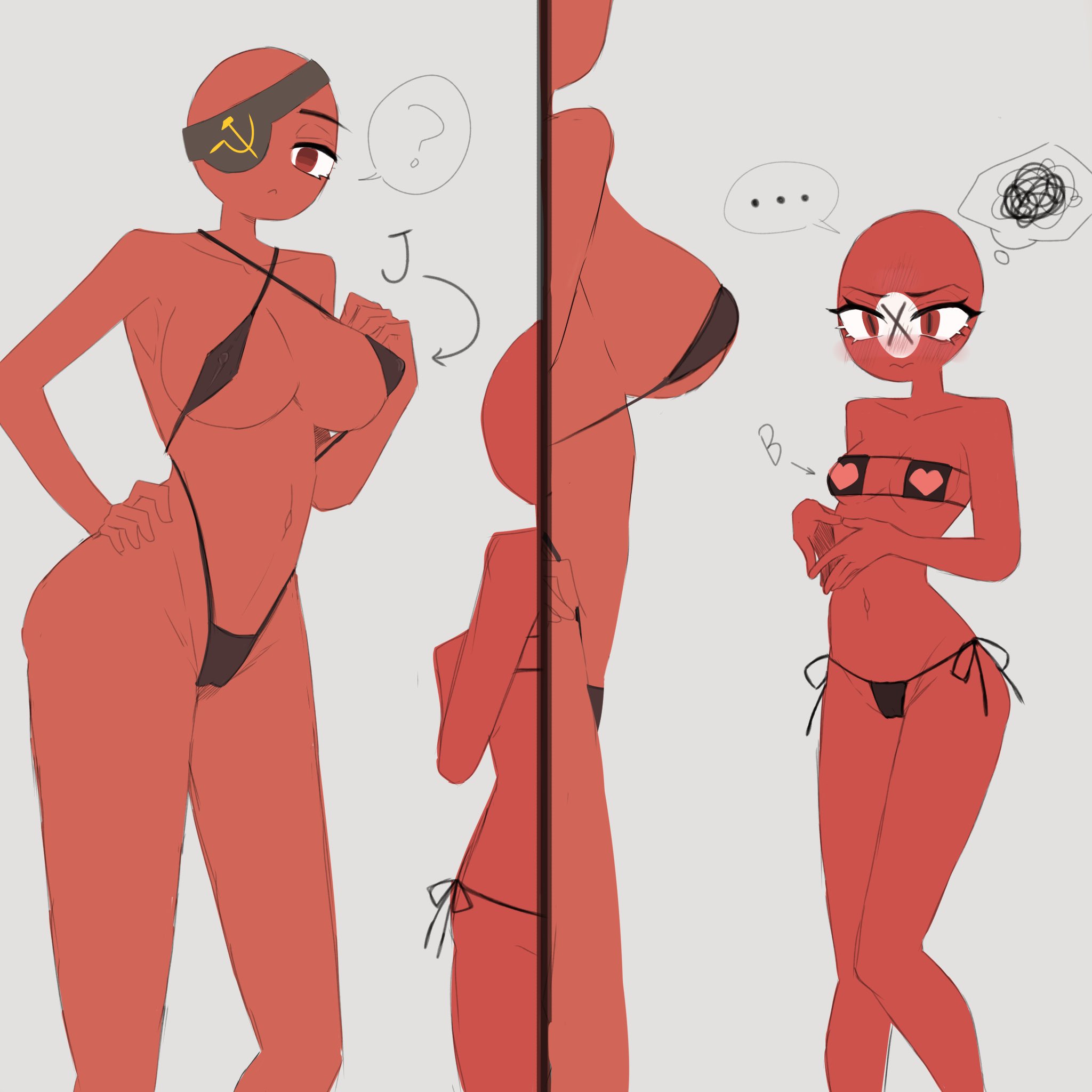 :<, ?, ..., @~@, 2girls, big breasts, bikini, blush, breasts, comparing, countryhumans, countryhumans girl, covered breasts, covered pussy, female, female only, heart, multiple females, multiple girls, nazi germany (countryhumans), petite, pussy, red body, red eyes, red skin, small breasts, soviet union (countryhumans), tagme