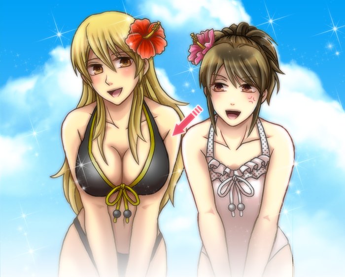 2girls anger_vein angry annoyed beach big_breasts bikini black_bikini blonde_hair breast_envy breast_size_difference brown_eyes brown_hair canon_genderswap cleavage eriyama female female_only flat_chest flower_in_hair genderswap_(mtf) gintama jealous kondou_goriko kondou_isao leaning_forward long_hair one-piece_swimsuit ponytail rule_63 shimura_tae swimsuit white_swimsuit yellow_eyes