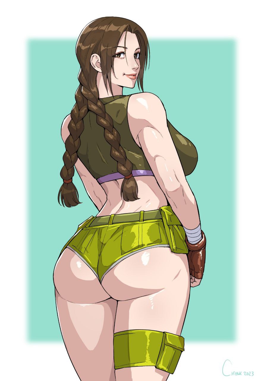 1girls 2023 2d 2d_(artwork) armband artist_signature ass athletic athletic_female back back_view bandage bandaged_arm bandai_namco bare_shoulders big_ass big_breasts big_butt big_eyes big_lips booty_shorts braided_hair braided_ponytail brown_eyes brown_gloves brown_hair brunette cirenk clothed clothed_female cute cute_face dark_green_jacket dat_ass female_focus female_only gloves green_shorts hands_on_hips hips julia_chang leg_bag legs legs_together legwear light-skinned_female light_skin lips looking_at_viewer looking_back looking_back_at_viewer muscular muscular_arms muscular_back muscular_female namco purple_shirt rear_view shiny shiny_clothes shiny_hair shiny_skin short_jacket short_shorts shorts side_boob side_view sideboob simple_background slave_handles slim_waist small_nose smiling smiling_at_viewer solo solo_female solo_focus standing tekken tekken_4 thick_thighs three-quarter_portrait topwear twin_braids twintails two_tone_background underass waist wristband