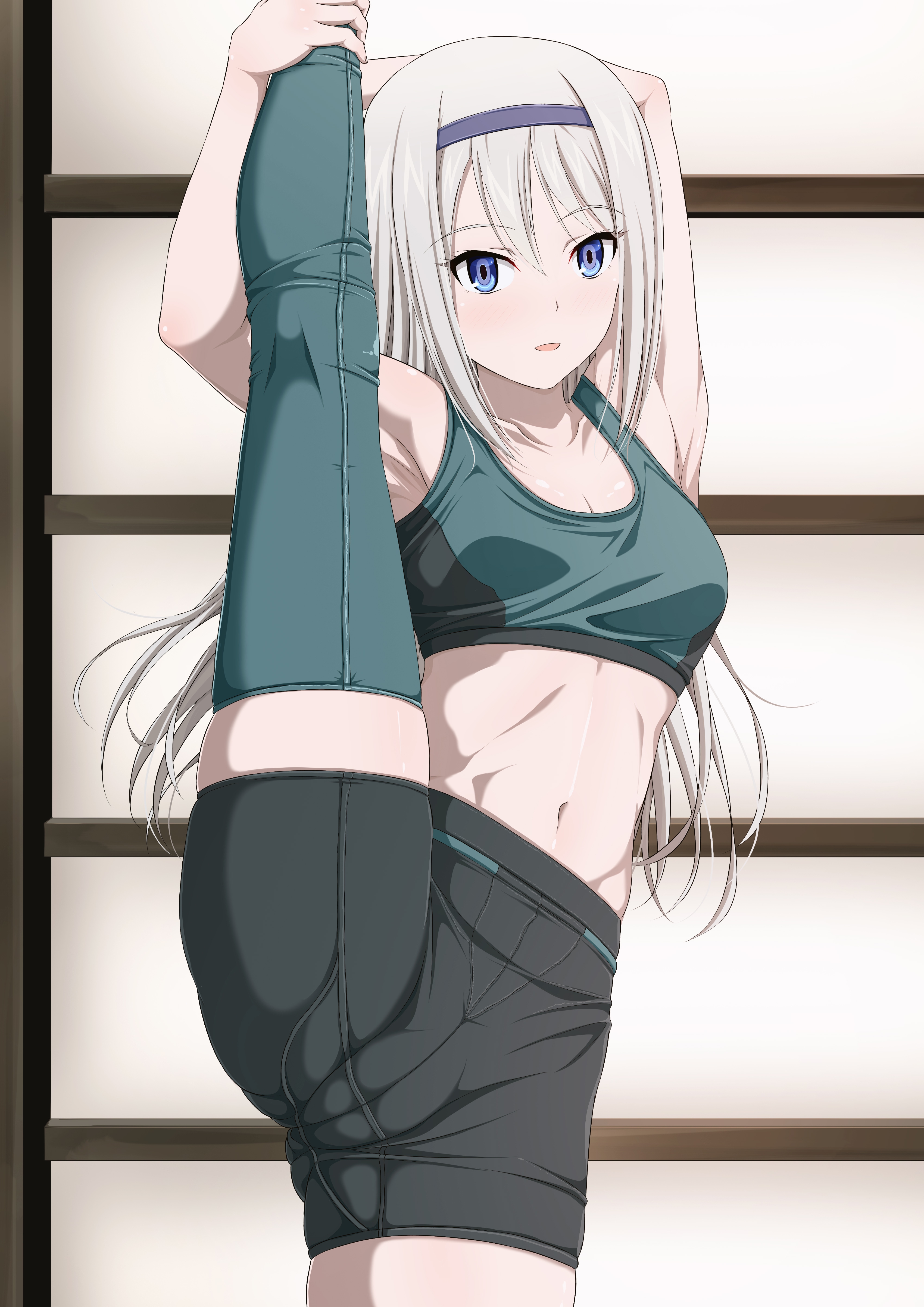 armpits, bike shorts, blue eyes, cameltoe, female, inoshira, kaguya-sama wa kokurasetai ~tensai-tachi no renai zunousen~, leggings, midriff, pussy, shirogane kei, solo, spats, standing on one leg, standing split, stretching, tank top, white hair