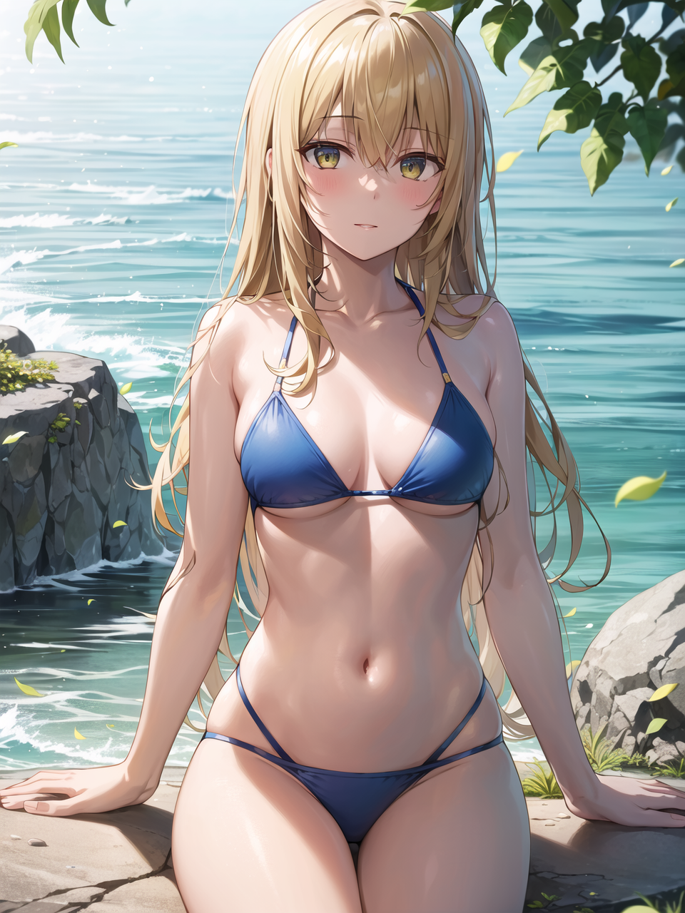 1girls ai_generated aiz_wallenstein beach bikini blonde_hair blush curvy_body curvy_female curvy_figure dungeon_ni_deai_wo_motomeru_no_wa_machigatteiru_darou_ka female_focus female_only high_resolution highres long_hair seductive_eyes stable_diffusion swimsuit water