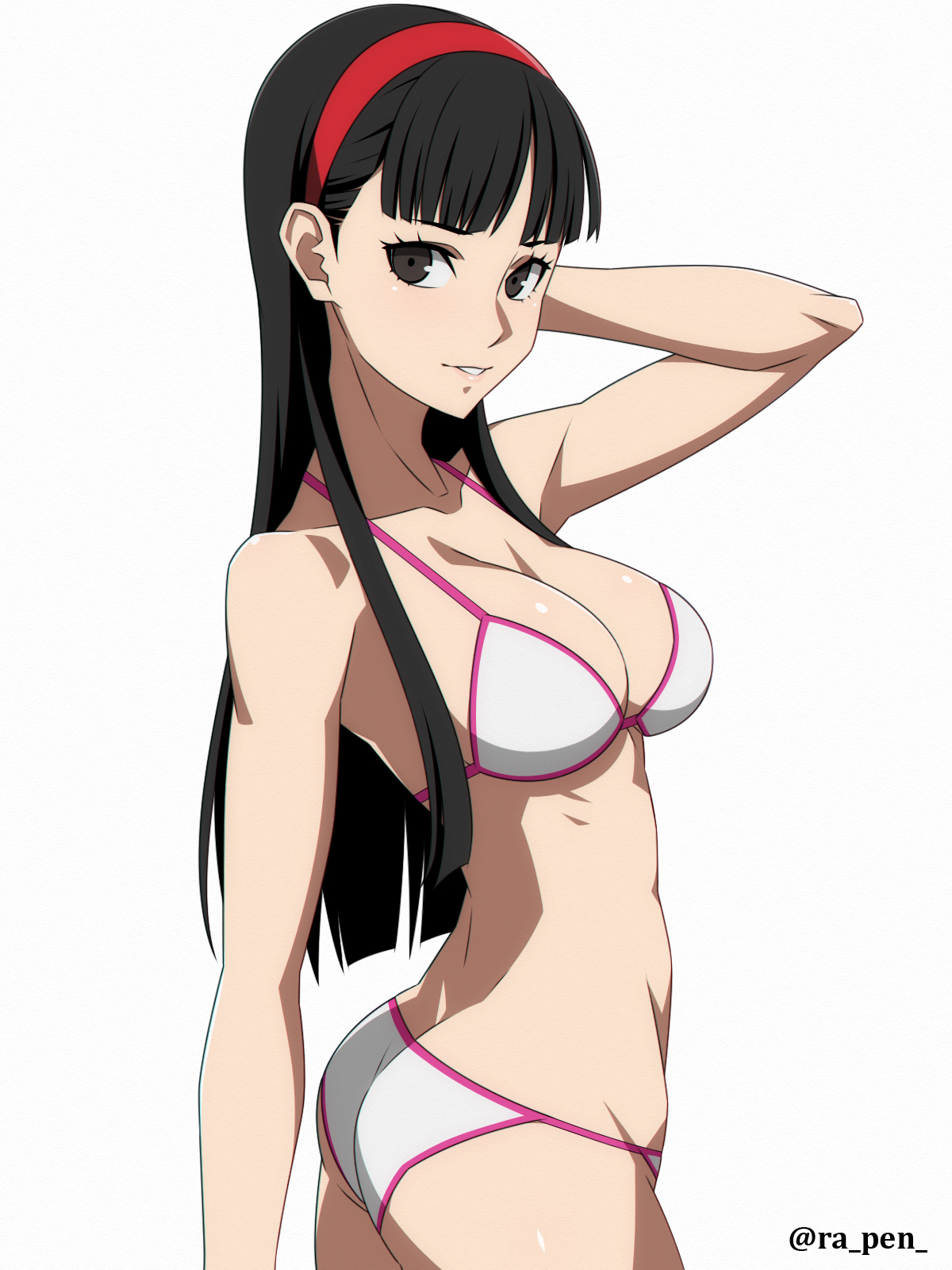 1girls, accurate art style, amagi yukiko, amagi yukiko (swimsuit), ass, bare shoulders, big breasts, bikini, black eyes, black hair, bra, breasts, chest, cleavage, collarbone, eyelashes, female, female only, hairband, hand on head, light skin, light-skinned female, long hair, looking at viewer, panties, persona, persona 4, push-up, ra pen , skinny, solo, standing, swimsuit, white background