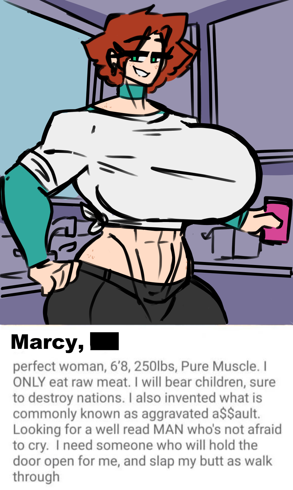 1girls alternate_costume alternate_outfit counter drink freckles ginger green_eyes grin kitchen kitchen_counter leaning_back light-skinned_female looking_at_viewer marcy_(shewiff) meme muscular_female pawg red_hair shewiff shorts smiling smug_grin solo sweatpants tagme tinder_(app) tinder_perfect_woman_(meme)