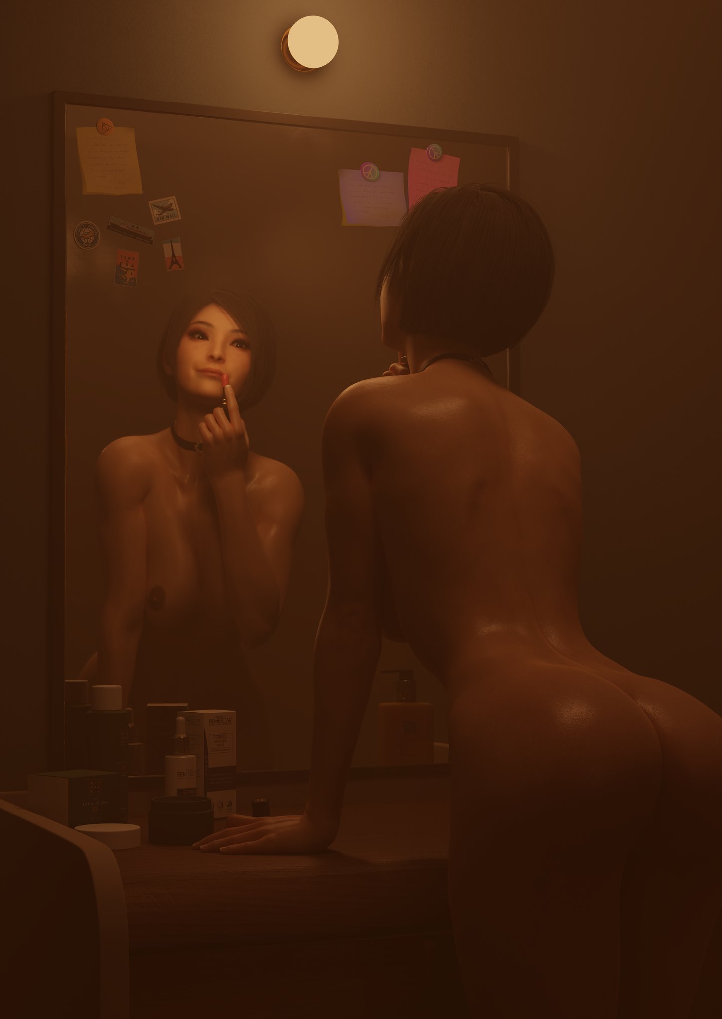 3d, ada wong, ada wong (adriana), asian, asian female, ass, big breasts, black hair, bracelet, breasts, brown eyes, bubble ass, bubble butt, busty, capcom, choker, dink3d, female, female focus, female only, hourglass figure, lipstick, makeup, mirror, rear view, resident evil, resident evil 2, resident evil 2 remake, short hair, standing, tagme, wide hips, wristwatch