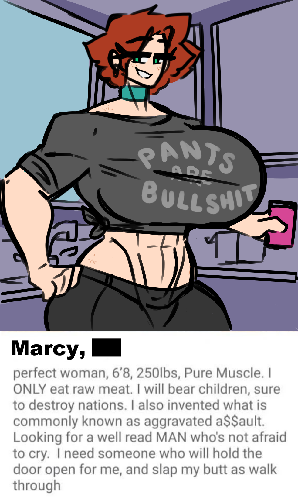 1girls counter drink freckles ginger green_eyes grin kitchen kitchen_counter leaning_back light-skinned_female looking_at_viewer marcy_(shewiff) meme muscular_female pawg red_hair shewiff shorts smiling smug_grin solo sweatpants tagme tinder_(app) tinder_perfect_woman_(meme)