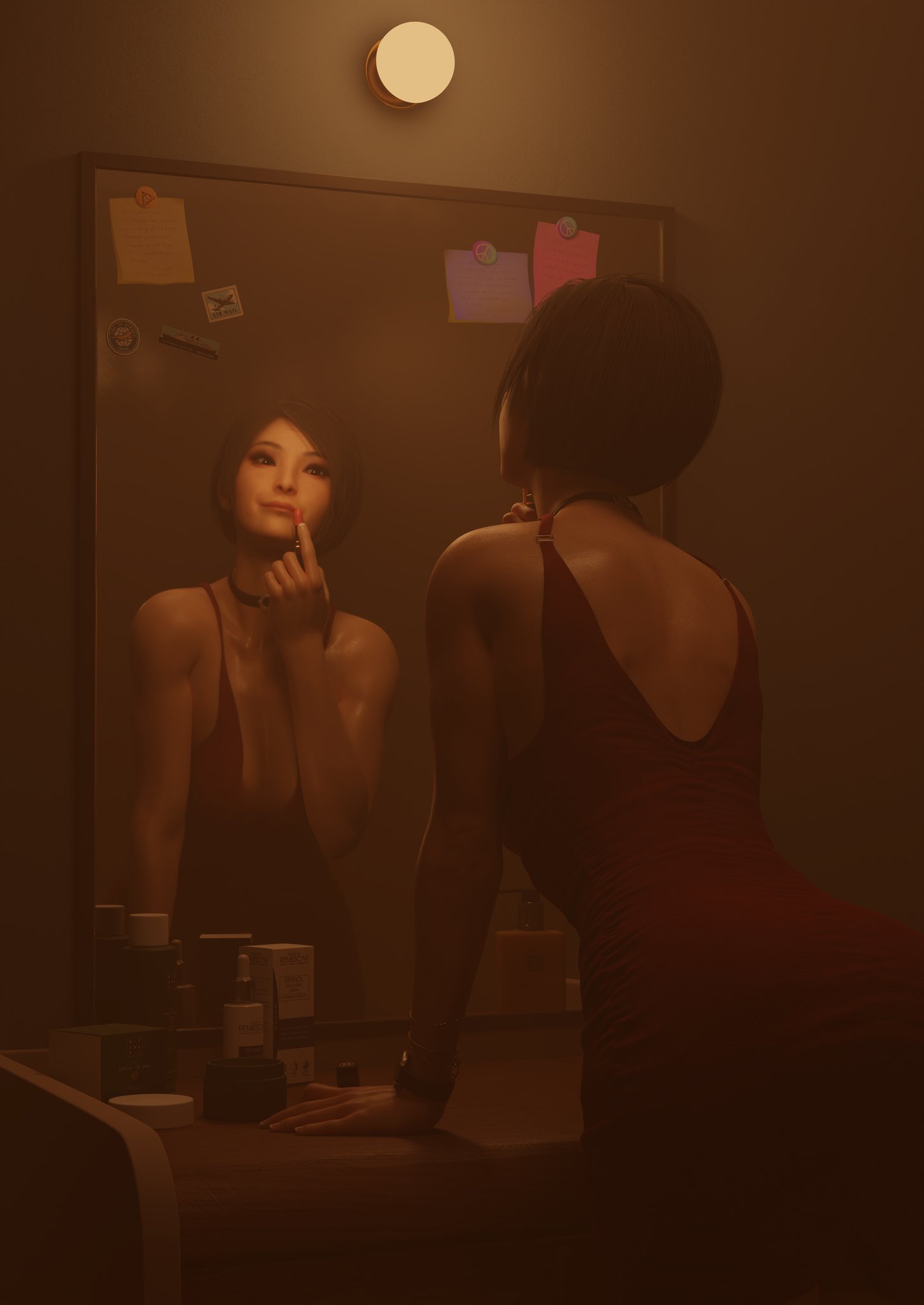 3d, ada wong, ada wong (adriana), asian, asian female, ass, big breasts, black hair, bracelet, breasts, brown eyes, bubble ass, bubble butt, busty, capcom, choker, dink3d, female, female focus, female only, hourglass figure, lipstick, makeup, mirror, rear view, resident evil, resident evil 2, resident evil 2 remake, short hair, standing, tagme, wide hips, wristwatch