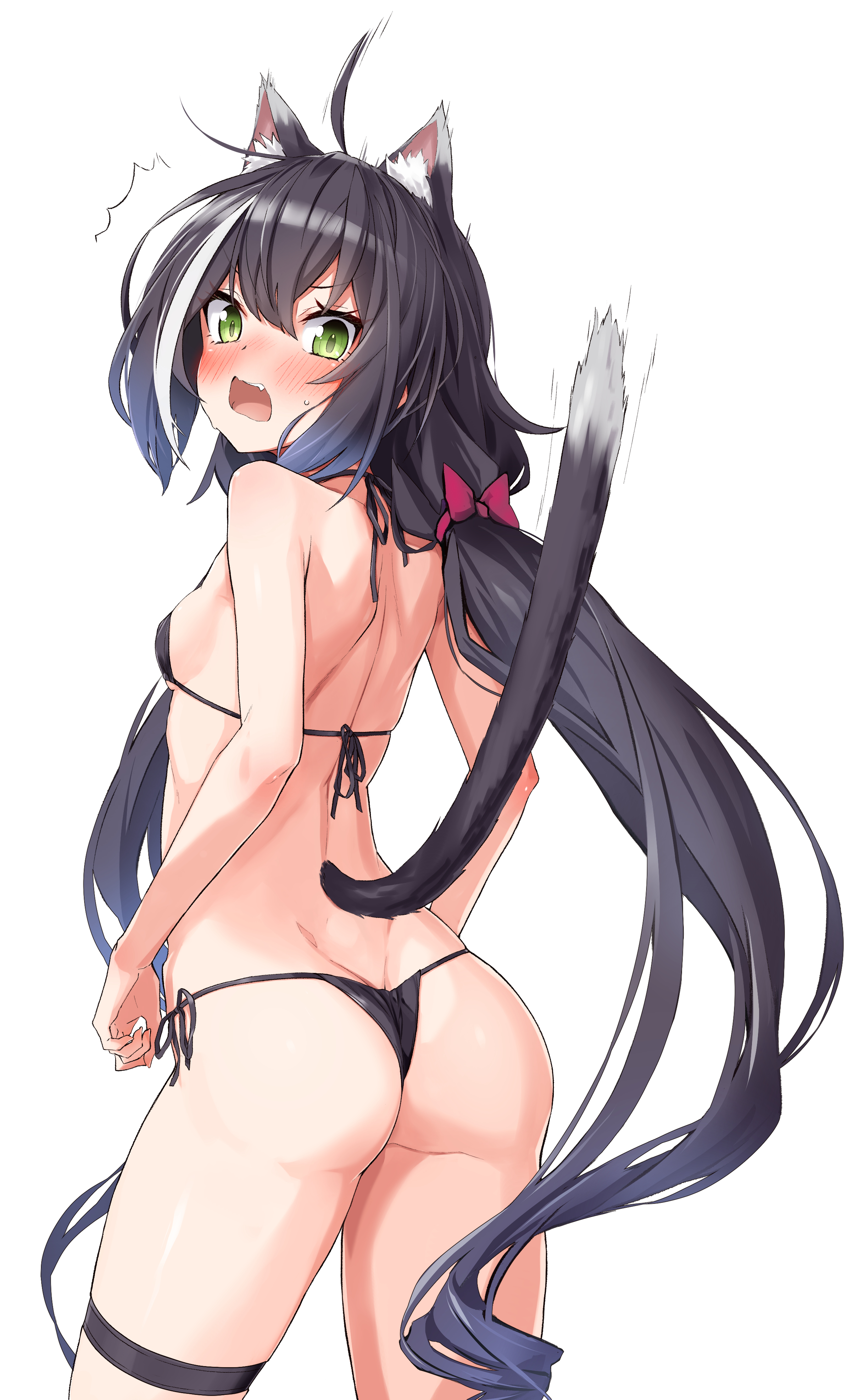 1girls, ass, bikini, black hair, blush, cat ears, cat tail, female, green eyes, karyl (princess connect!), kyaru (princess connect), long hair, open mouth, princess connect! re:dive, solo, startled, tagme, takanashi kei (hitsujikan), white hair