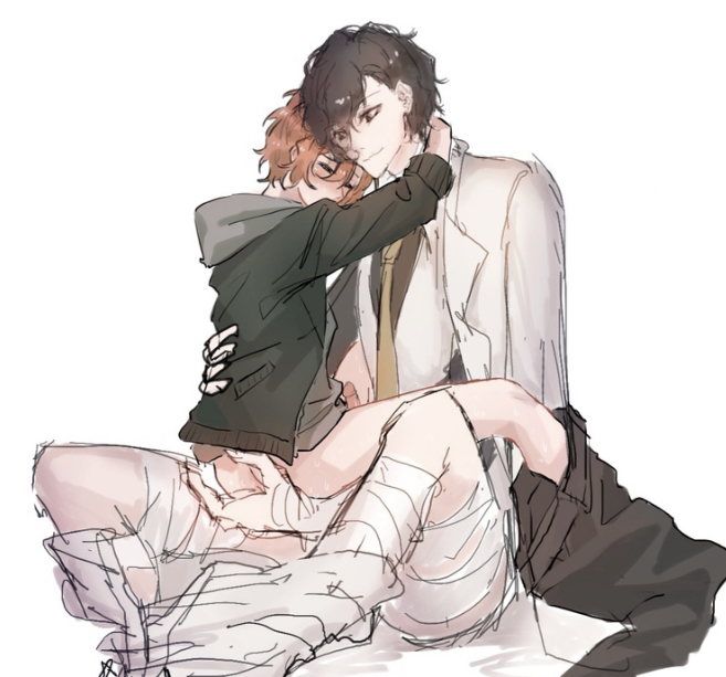 artist request, bondage, bungo stray dogs, chuuya nakahara, dazai osamu, gay, hoodie, hug, male, male only, simple background, tagme, white background, yaoi