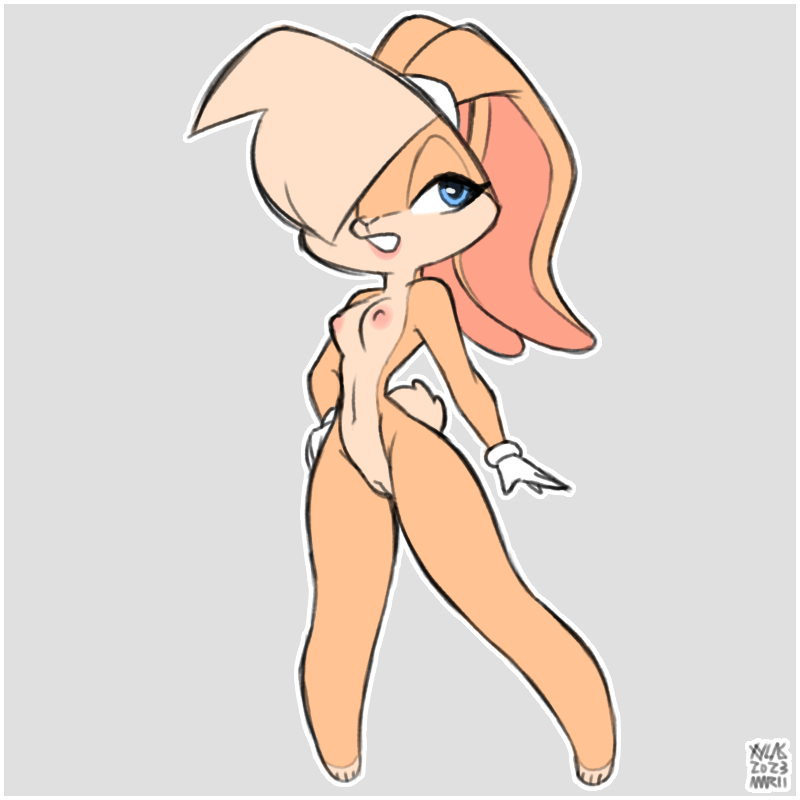 anthro areola blue_eyes breasts brown_body female genitals lagomorph leporid lola_bunny looking_at_viewer looney_tunes mammal nipples nude pussy rabbit simple_background solo warner_brothers xylas yellow_body