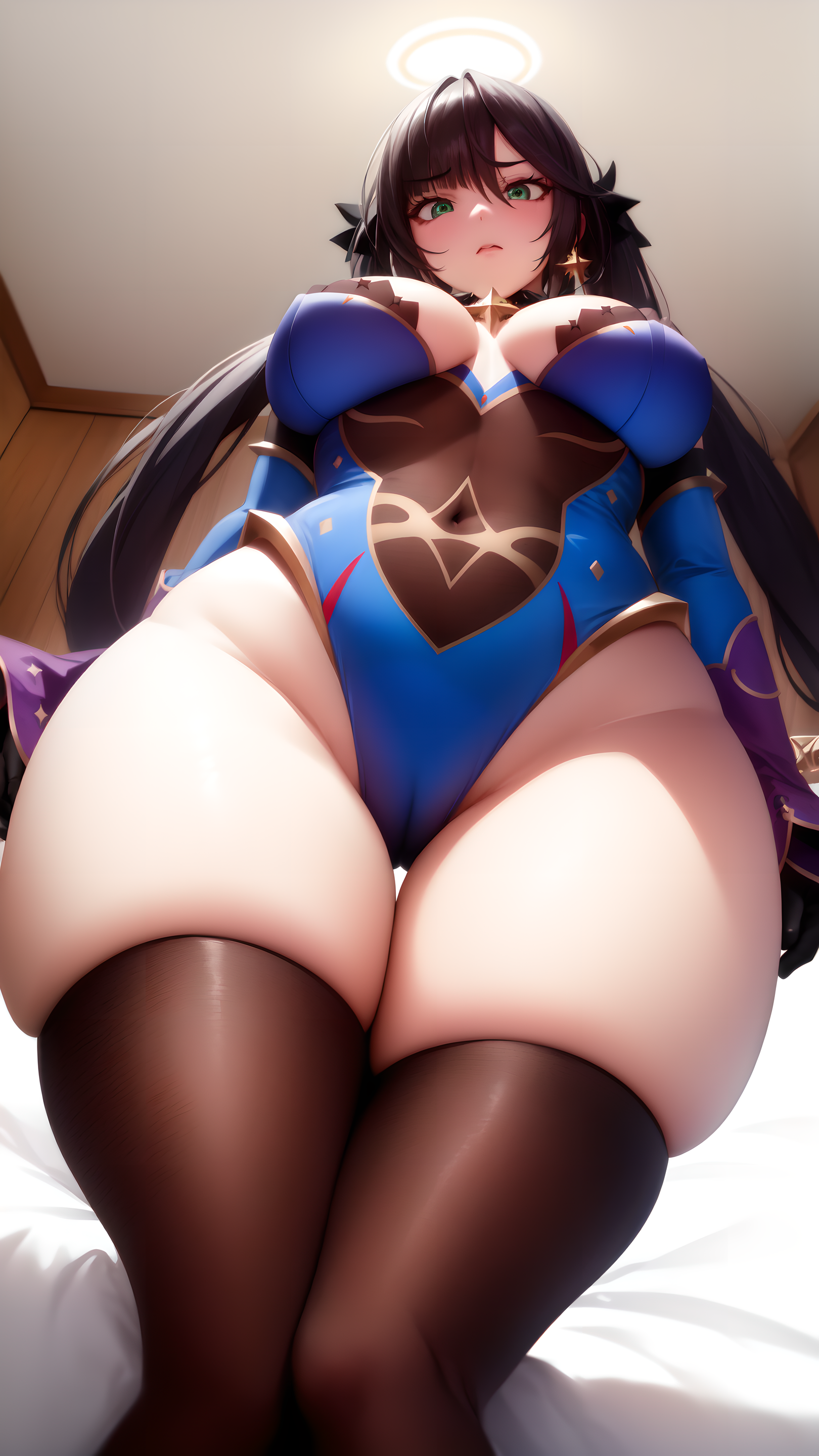 1girls, ai generated, alternate breast size, black hair, breasts, female, genshin impact, green eyes, hips, large breasts, legwear, leotard, light skin, light-skinned female, long hair, low-angle view, mona (genshin impact), stable diffusion, thick thighs, wide hips