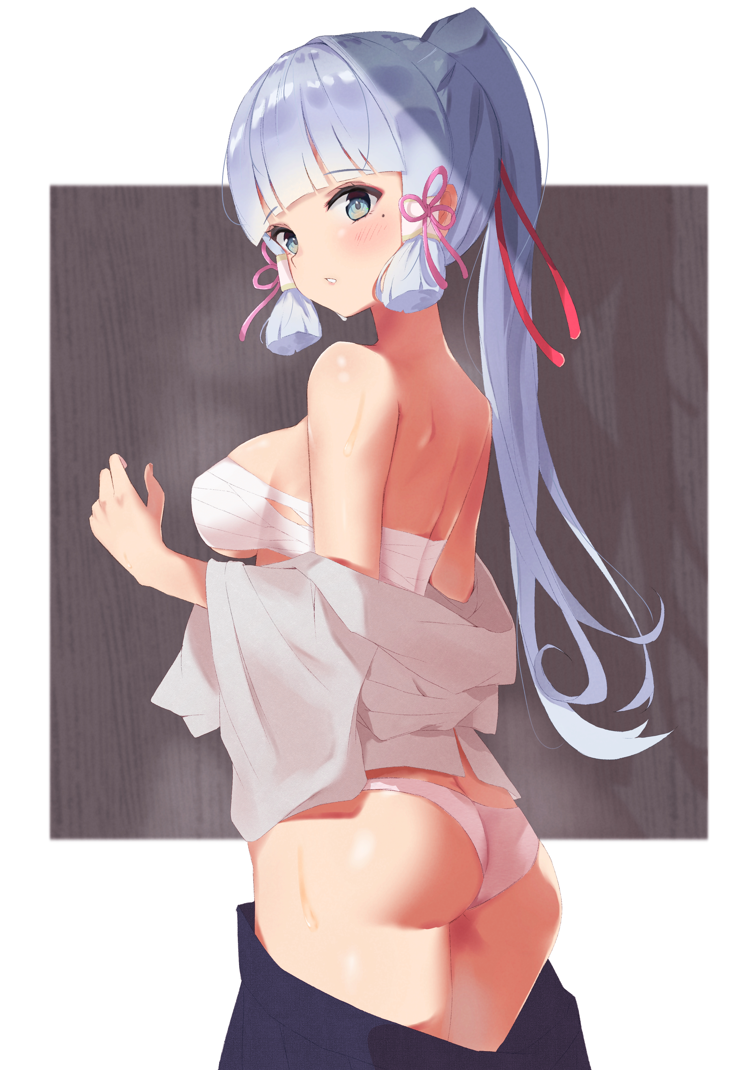ass, ass cleavage, ass crack, blue eyes, blue hair, breasts, butt crack, cute, embarrassed, female, genshin impact, kamisato ayaka, looking at viewer, medium breasts, panties, perfect body, perky breasts, sarashi, small, small waist, thin waist, undressing, young
