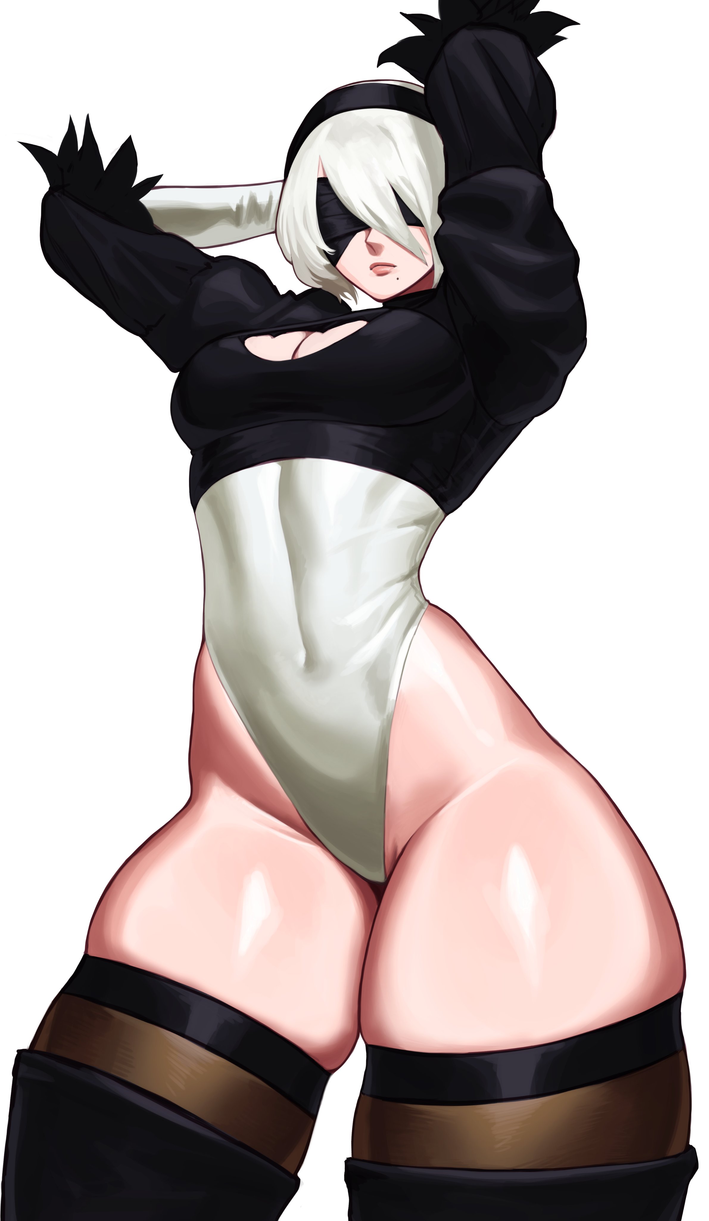 1girls, absurd res, arms behind head, beauty mark, blindfold, cleavage cutout, female, female only, hairband, highleg leotard, leotard, looking at viewer, medium hair, mole under mouth, nier, nier (series), nier: automata, solo, sotcho, stockings, thick thighs, thigh boots, thigh squish, white background, white hair, yorha 2b