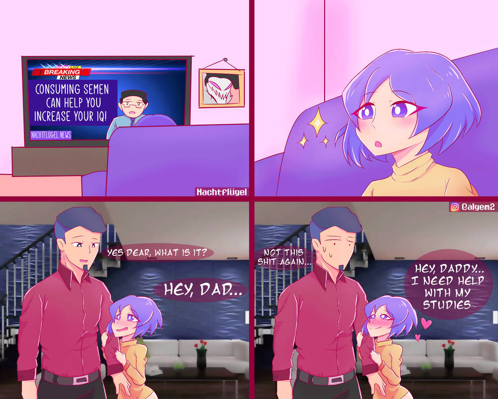 absurd_res blush father_and_daughter heart highres hugging_arm imminent_incest implied_incest incest larger_male nachtflügel navy_blue_hair older_male purple_hair smaller_female younger_female