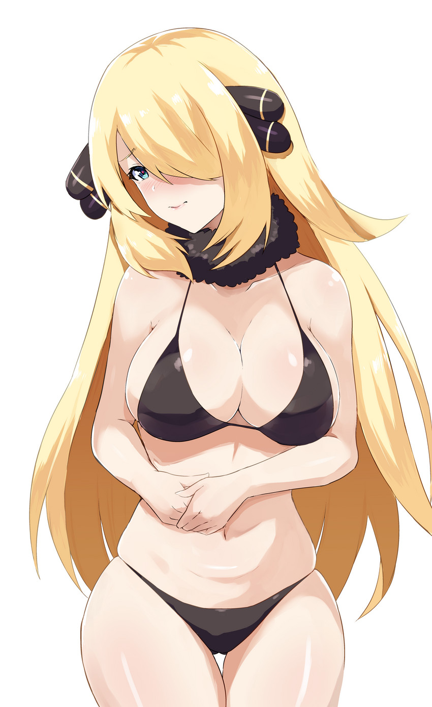 1girls, bikini, black bikini, blonde hair, cynthia (pokemon), female, pointy chin, pokemon, shy, solo, solo female, tagme