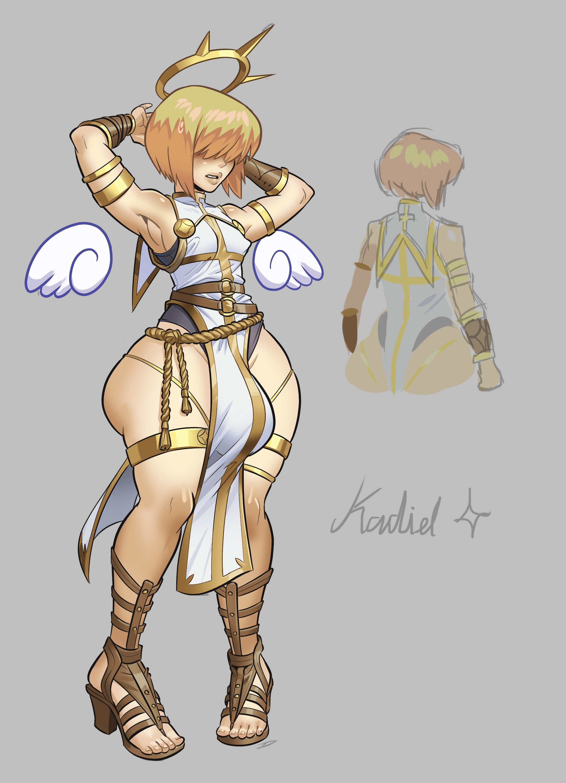 1boy, angel, angel wings, blonde hair, bulge, character sheet, discoverychannelofficial, femboy, girly, hair over eyes, halo, hung femboy, hung trap, kadiel, male, short hair, solo, solo focus, solo male, thick, thick thighs, wings