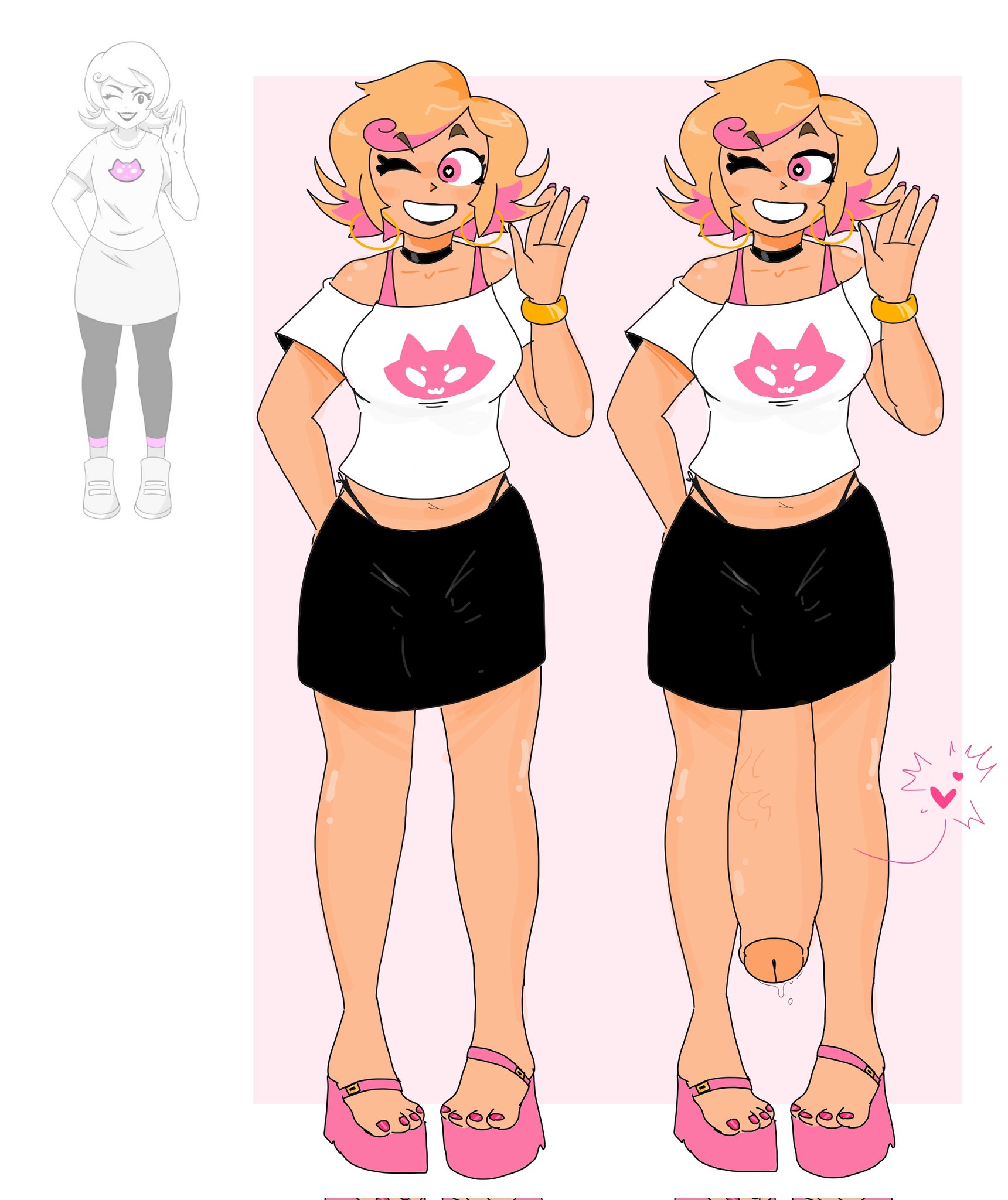 1futa, 1girls, big penis, blonde hair, choker, clothed, clothing, dyed hair, earrings, erection under clothes, erection under clothing, erection under skirt, errorplush, female, flaccid, fully clothed, futanari, gigantic penis, heels, homestuck, huge cock, human, hyper, hyper penis, intersex, light skin, light-skinned futa, long penis, mostly clothed, penis, penis under clothes, penis under skirt, pink eyes, redesign, redraw, roxy lalonde, skirt, smile, solo, standing, tanned, tanned female, tanned futa, wink