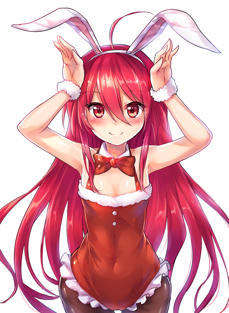 ahoge animal_ears bare_shoulders blush bowtie bunny_ears bunny_girl bunny_pose bunnysuit detached_collar female fishnets flat_chest frills fur_trim leotard long_hair looking_at_viewer pantyhose rabbit_ears red_bowtie red_eyes red_hair santa_costume shakugan_no_shana shana simple_background smile solo very_long_hair white_background wide_hips