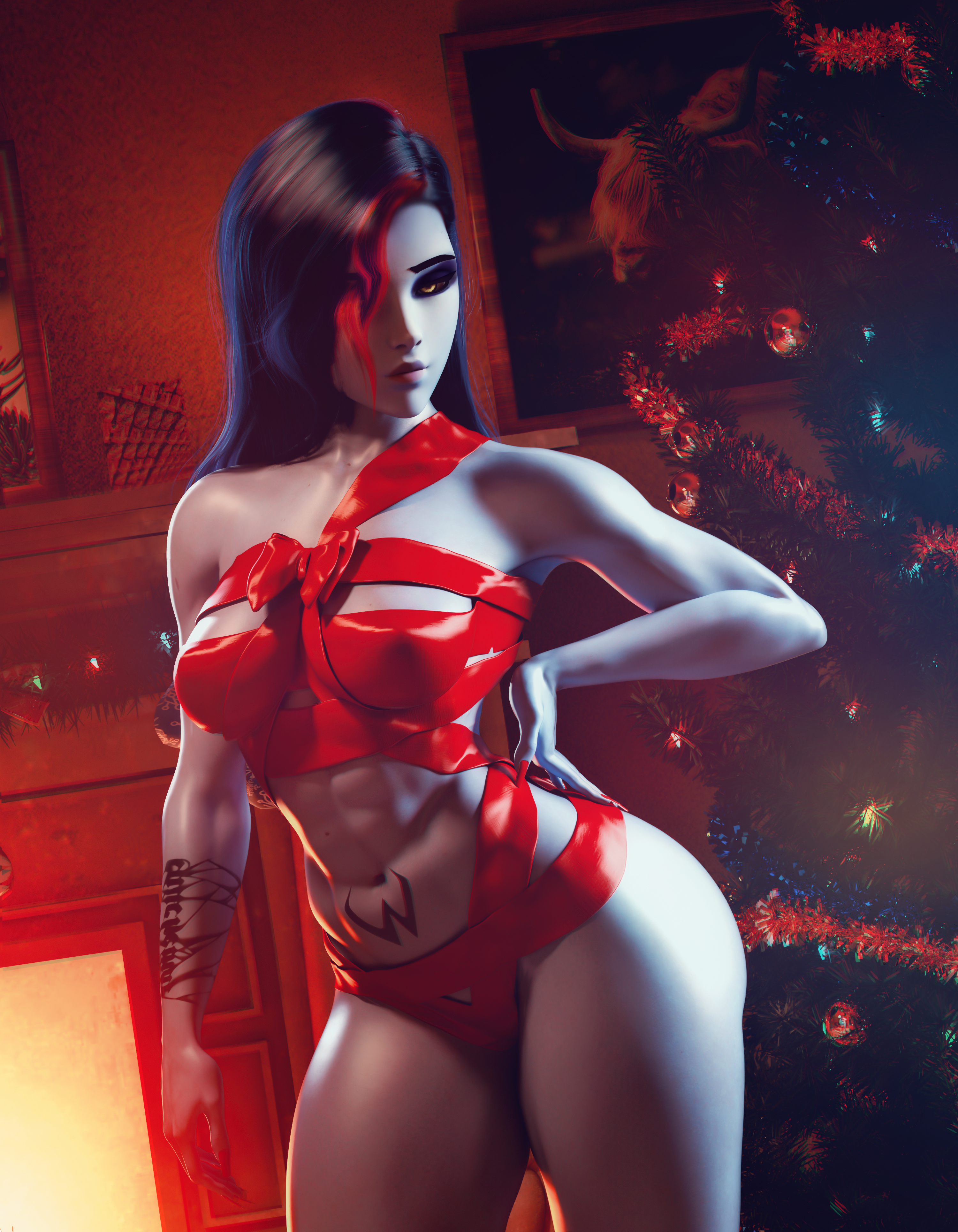 1girls, 3d, abs, ass, big ass, big breasts, blizzard entertainment, blue hair, breasts, christmas, female, female only, fit, fit female, lingerie, long hair, muscular, muscular female, navel piercing, nipples, noahgraphicz, overwatch, present wrap, purple hair, purple skin, solo, tattoo, thick thighs, widowmaker, wrapped, yellow eyes