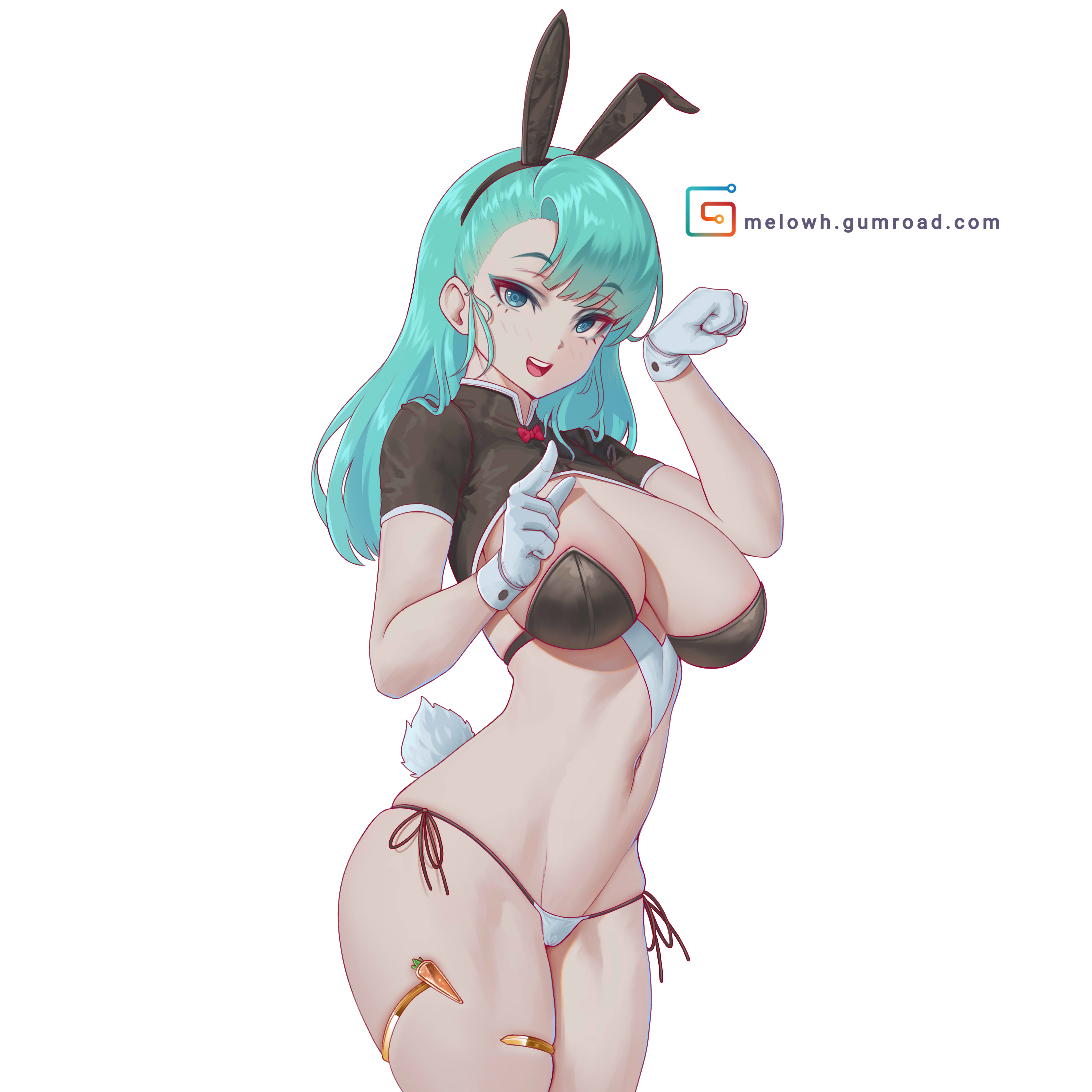 1girls, blue eyes, blue hair, breasts, bulma (bunny), bulma briefs, bunny ears, bunny girl, bunnysuit, cleavage, dragon ball, dragon ball (classic), female, female only, hi res, large breasts, light skin, light-skinned female, long hair, melowh, patreon username, simple background, smile, teenager